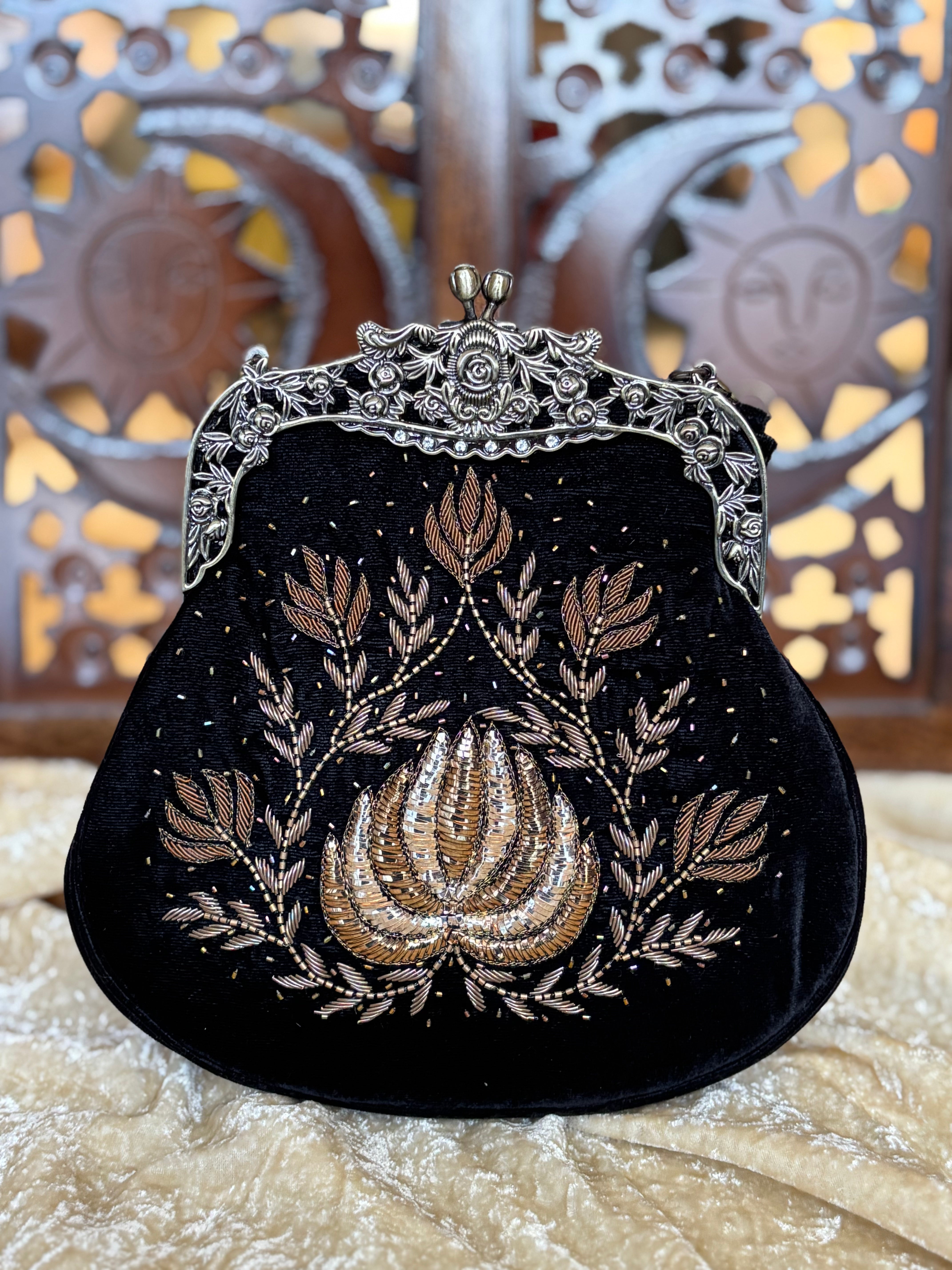 Black Velvet Zardozi & Mukaish Clutch Bag