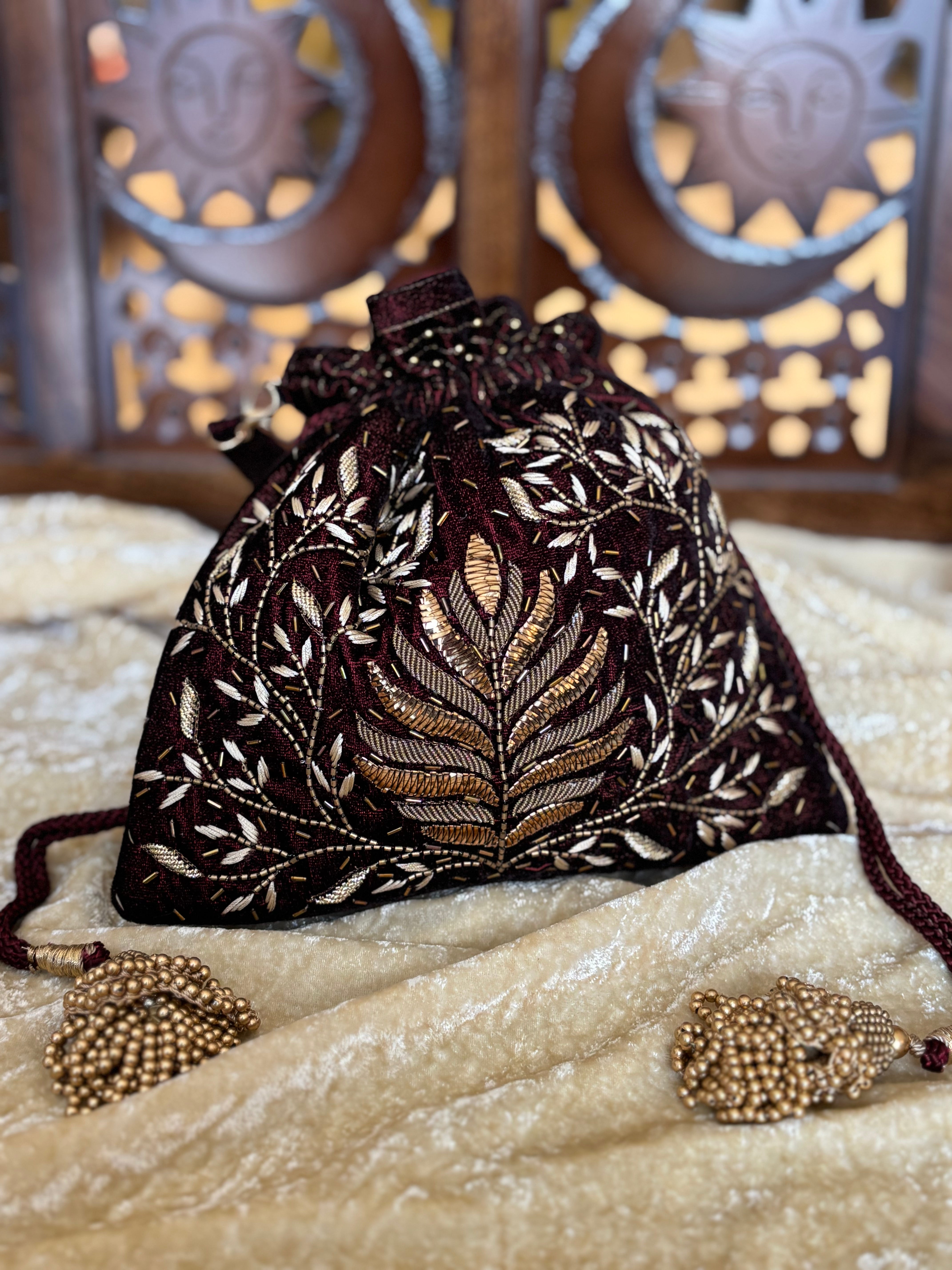 Maroon Velvet Zardozi & Mukaish Potli