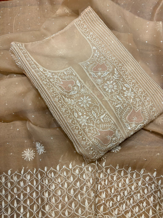 Nude Peach Organza Silk Chikankari Kurta and Dupatta