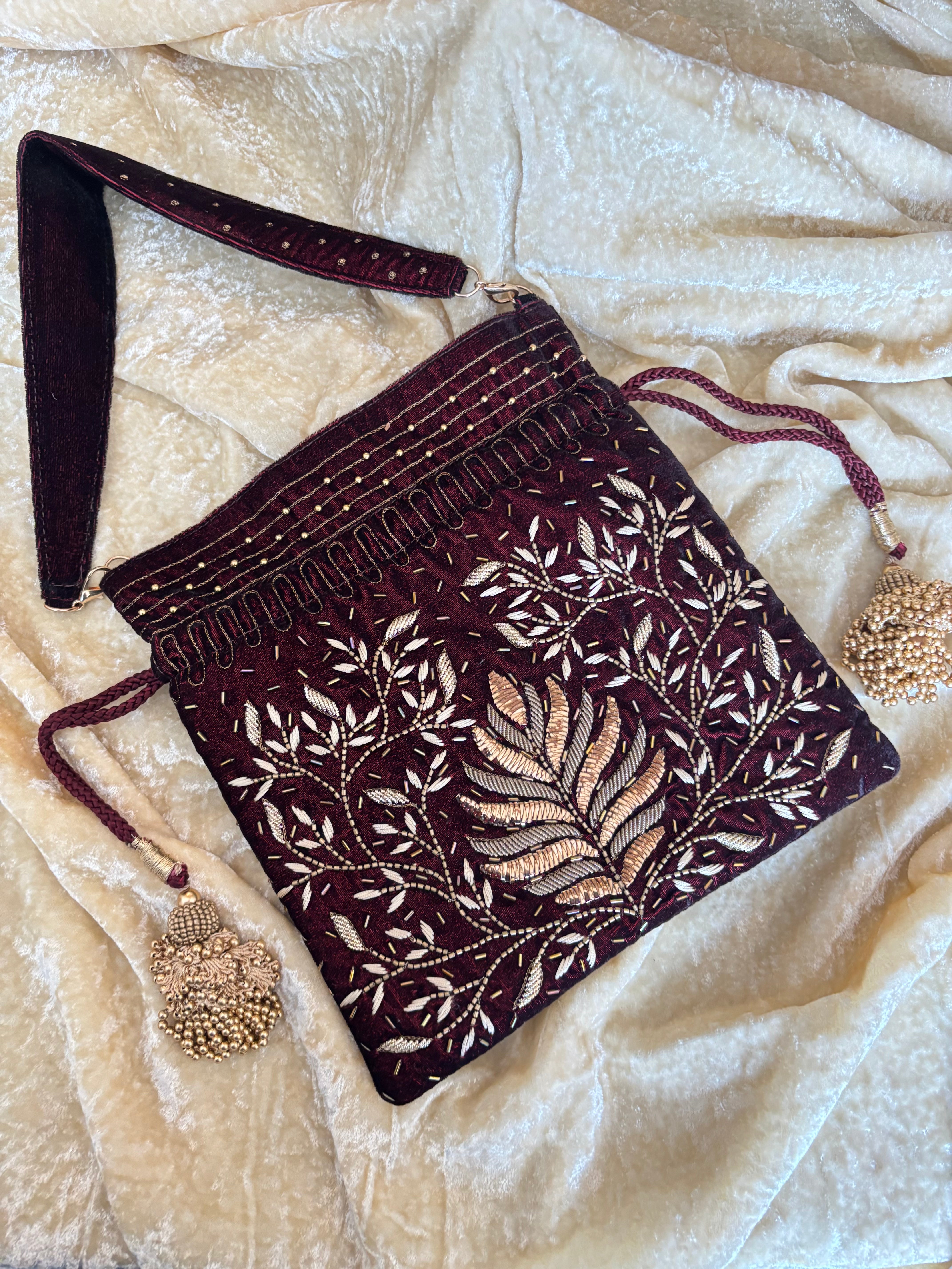 Maroon Velvet Zardozi & Mukaish Potli
