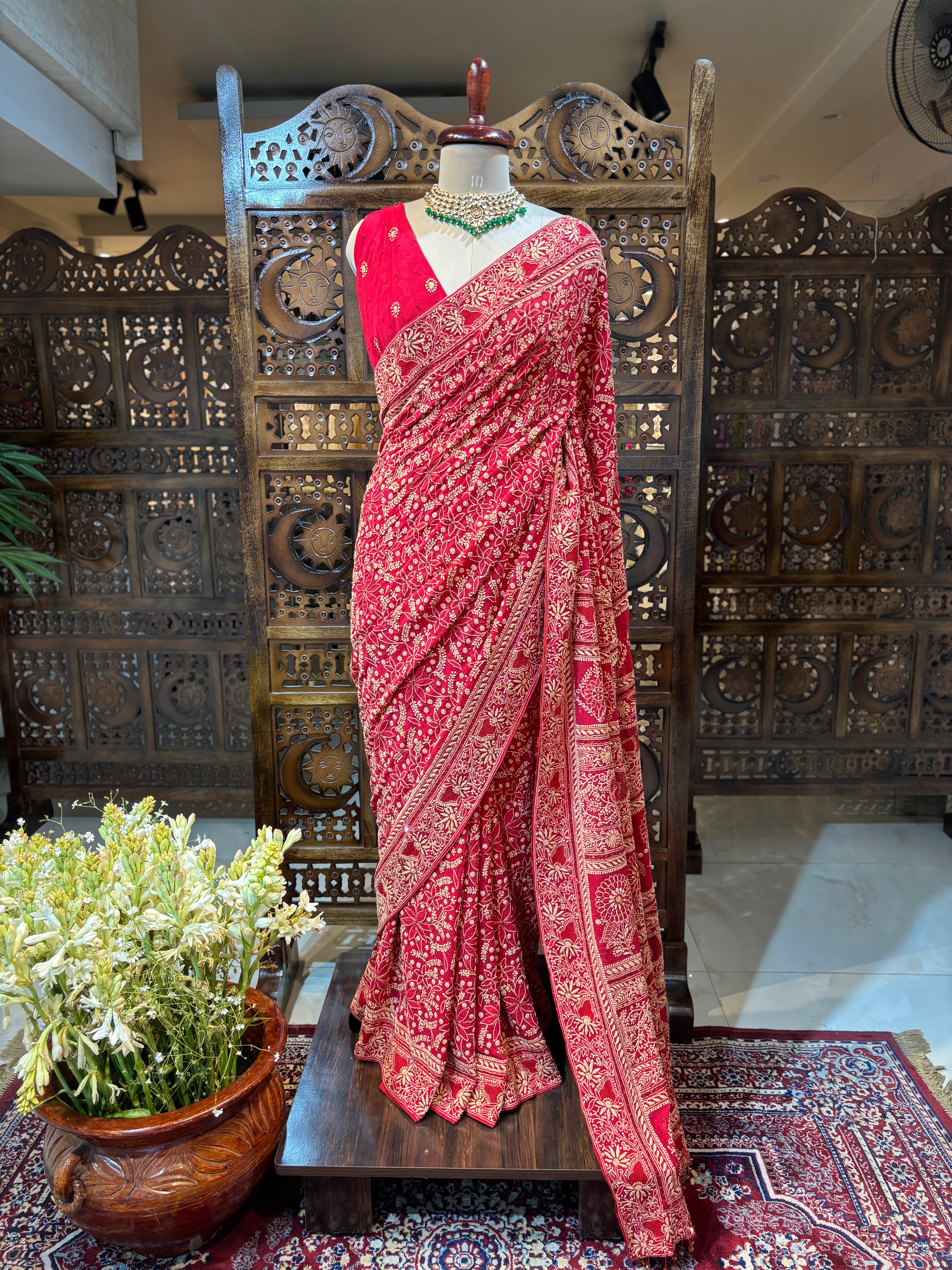 Red Pure & Premium Georgette Chikankari Saree