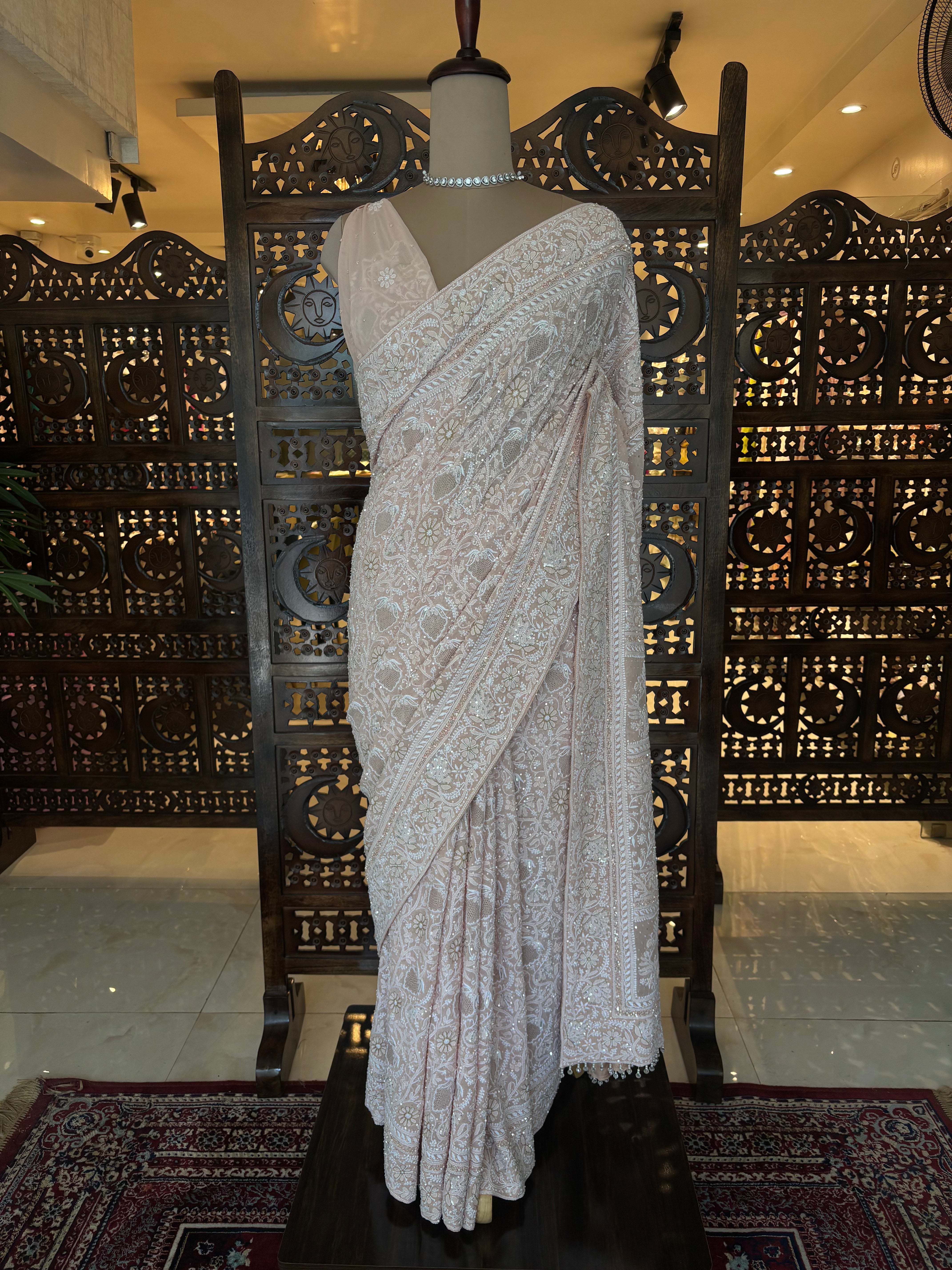 Peach Pure & Premium Georgette Chikankari saree