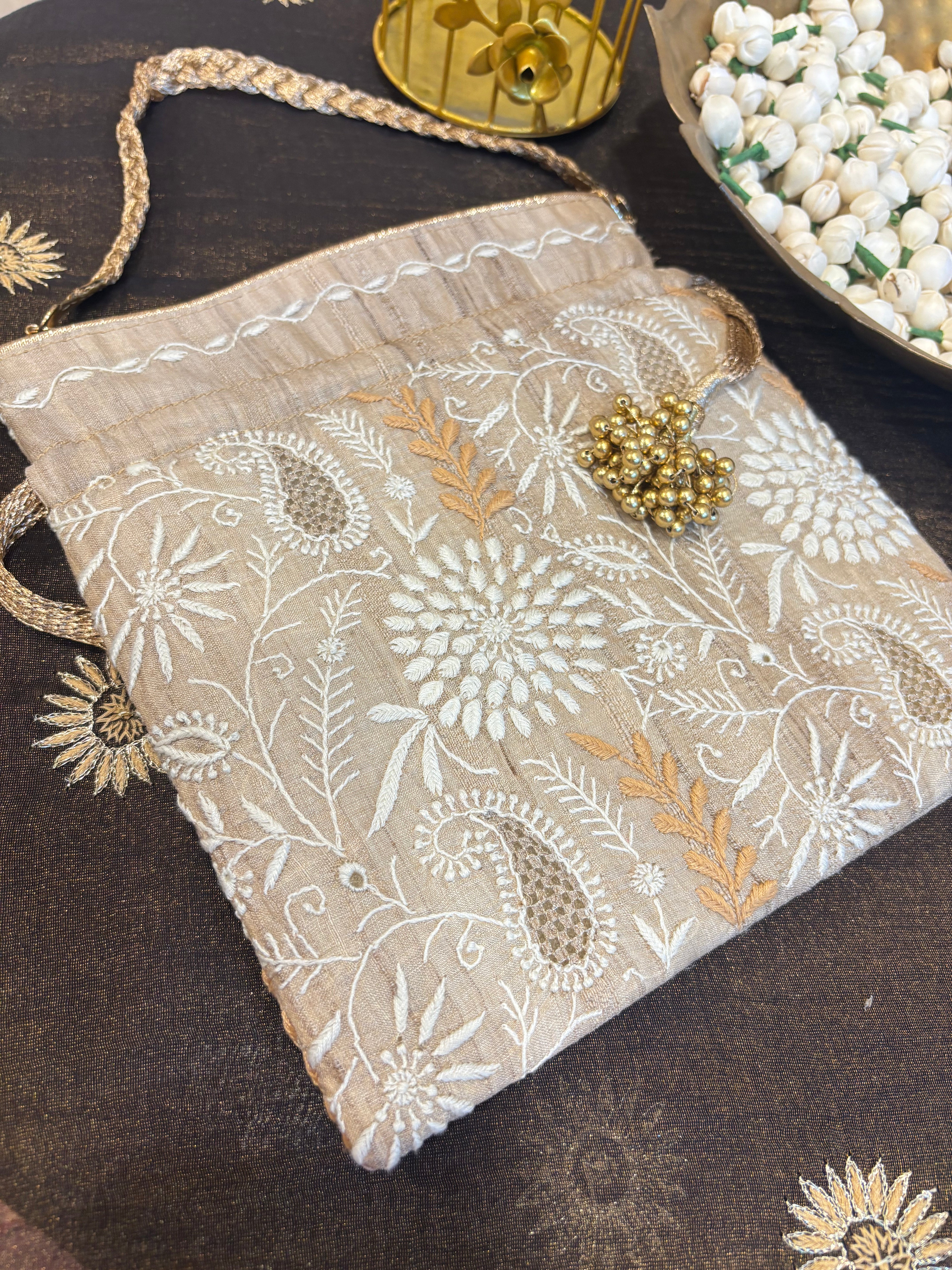 Beige Chikankari Potli