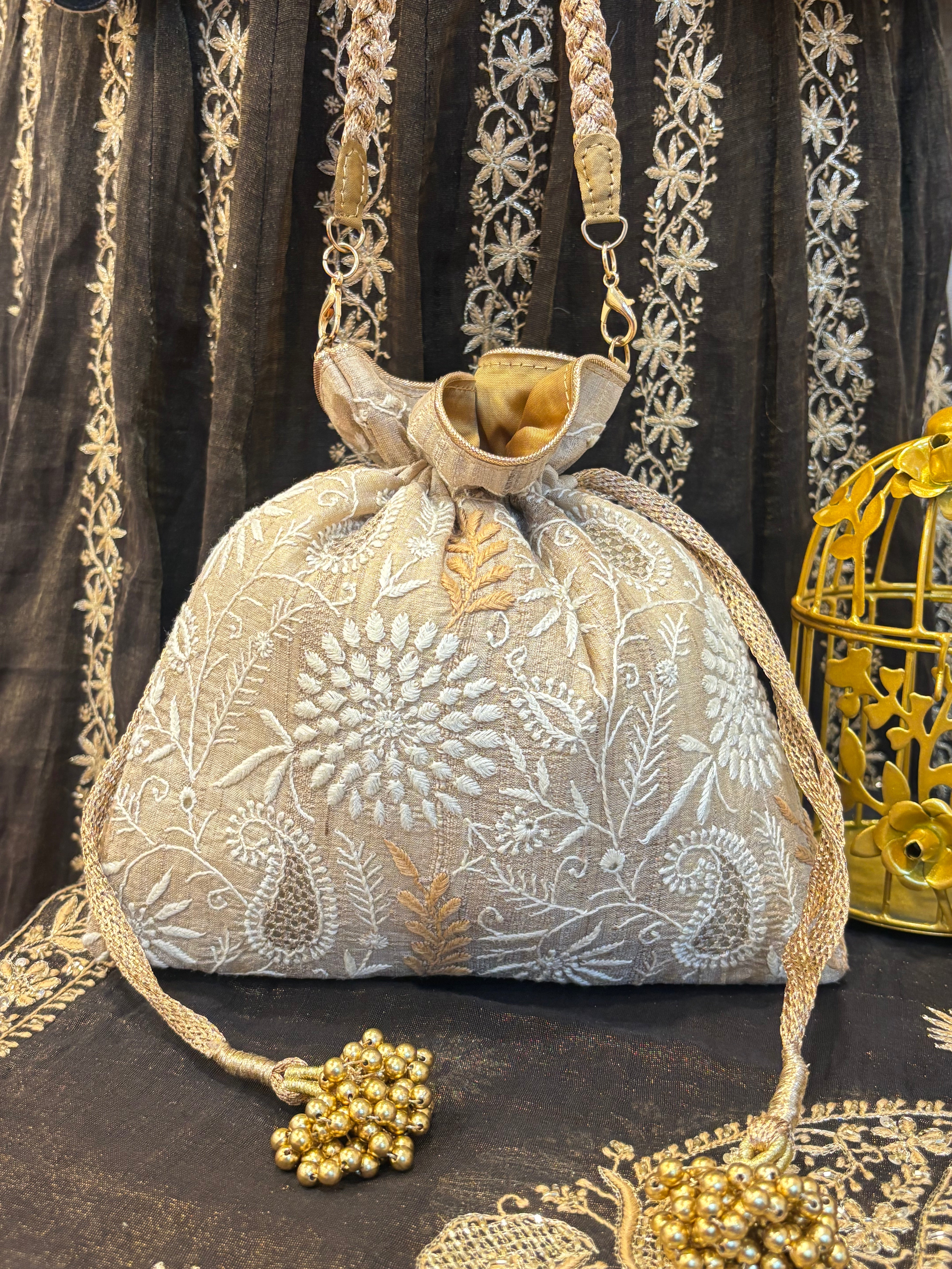 Beige Chikankari Potli