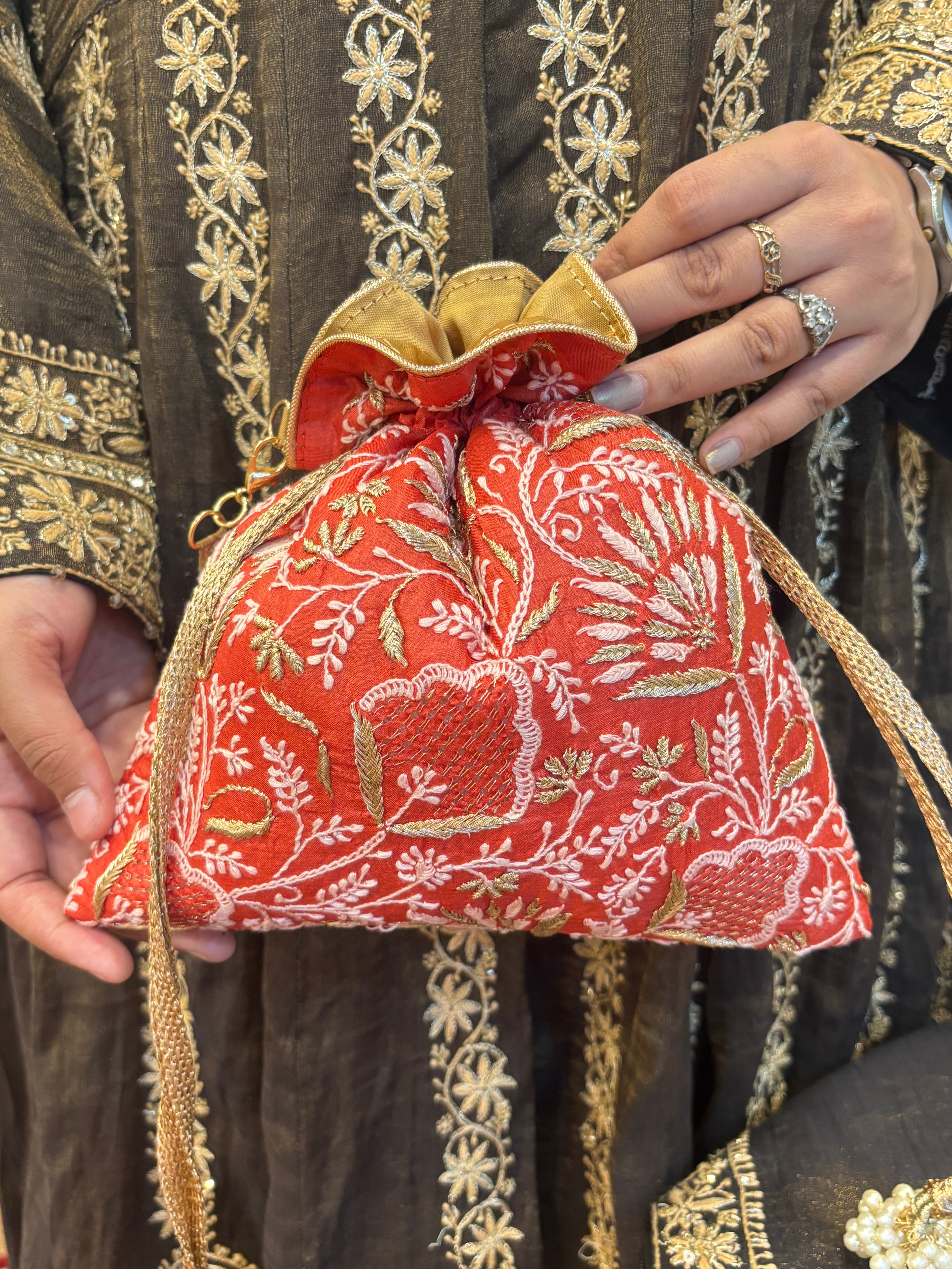 Crimson Red Chikankari Potli
