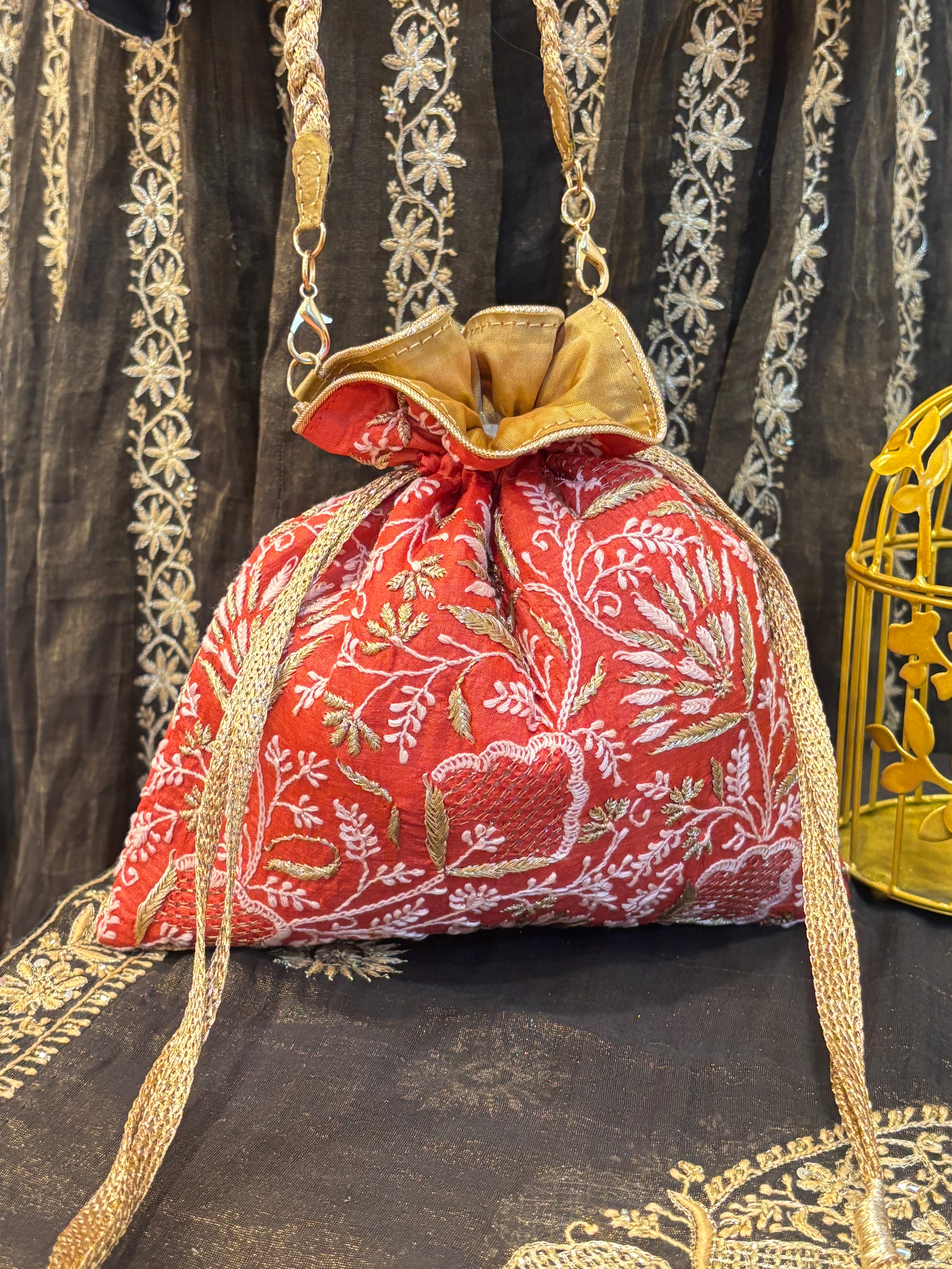 Crimson Red Chikankari Potli