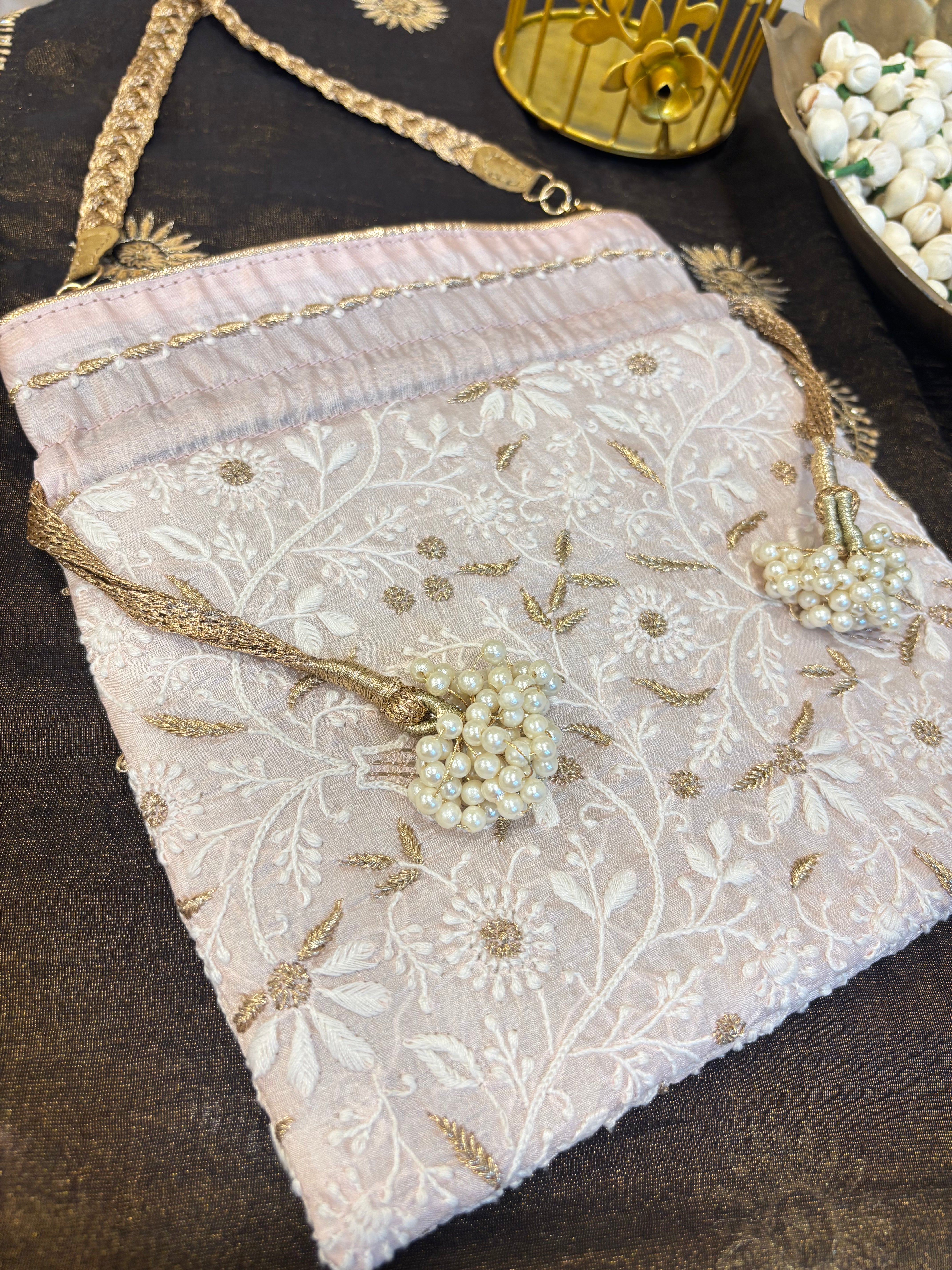 Pinkish Ivory Chikankari  Potli