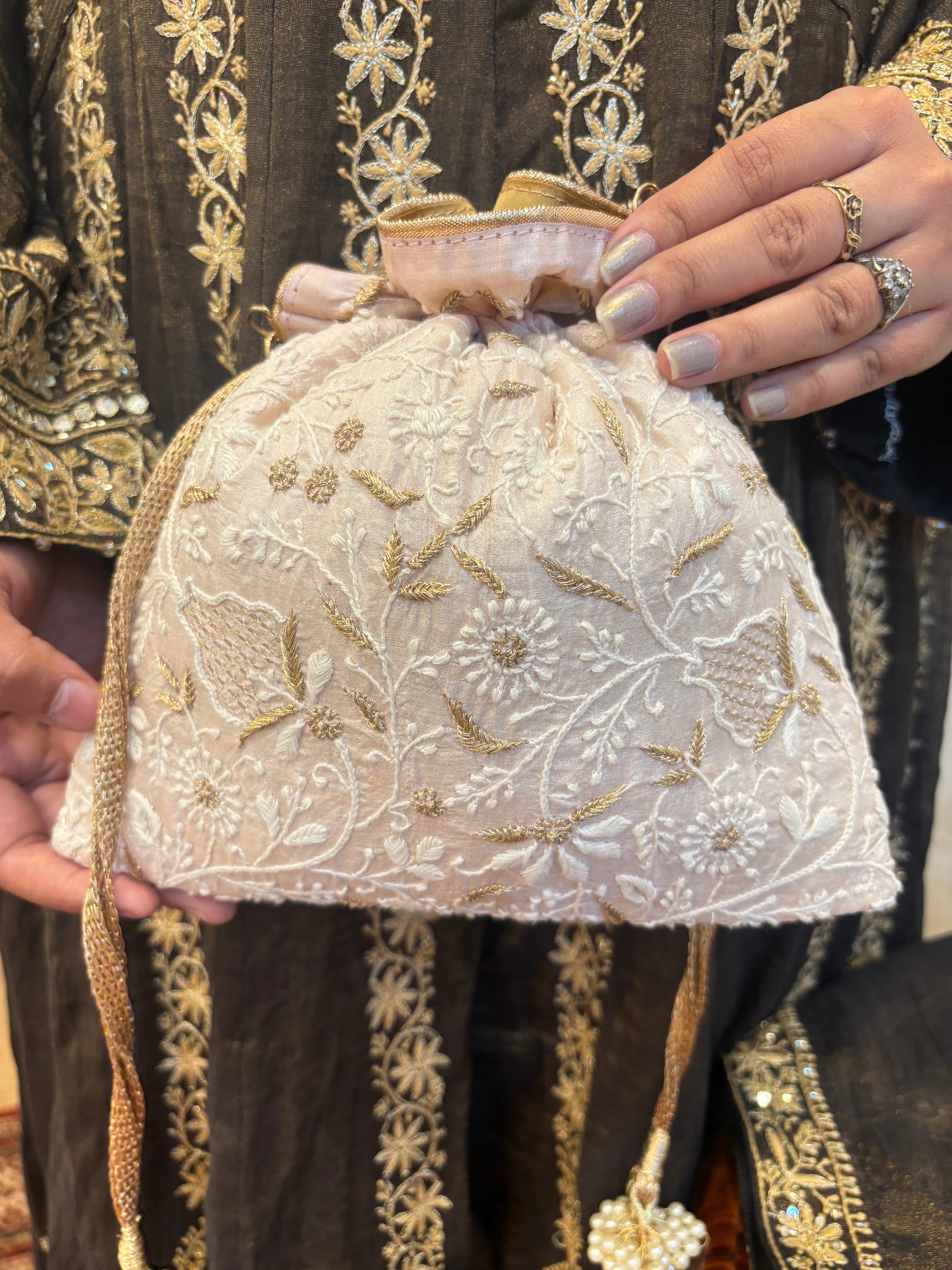 Pinkish Ivory Chikankari  Potli