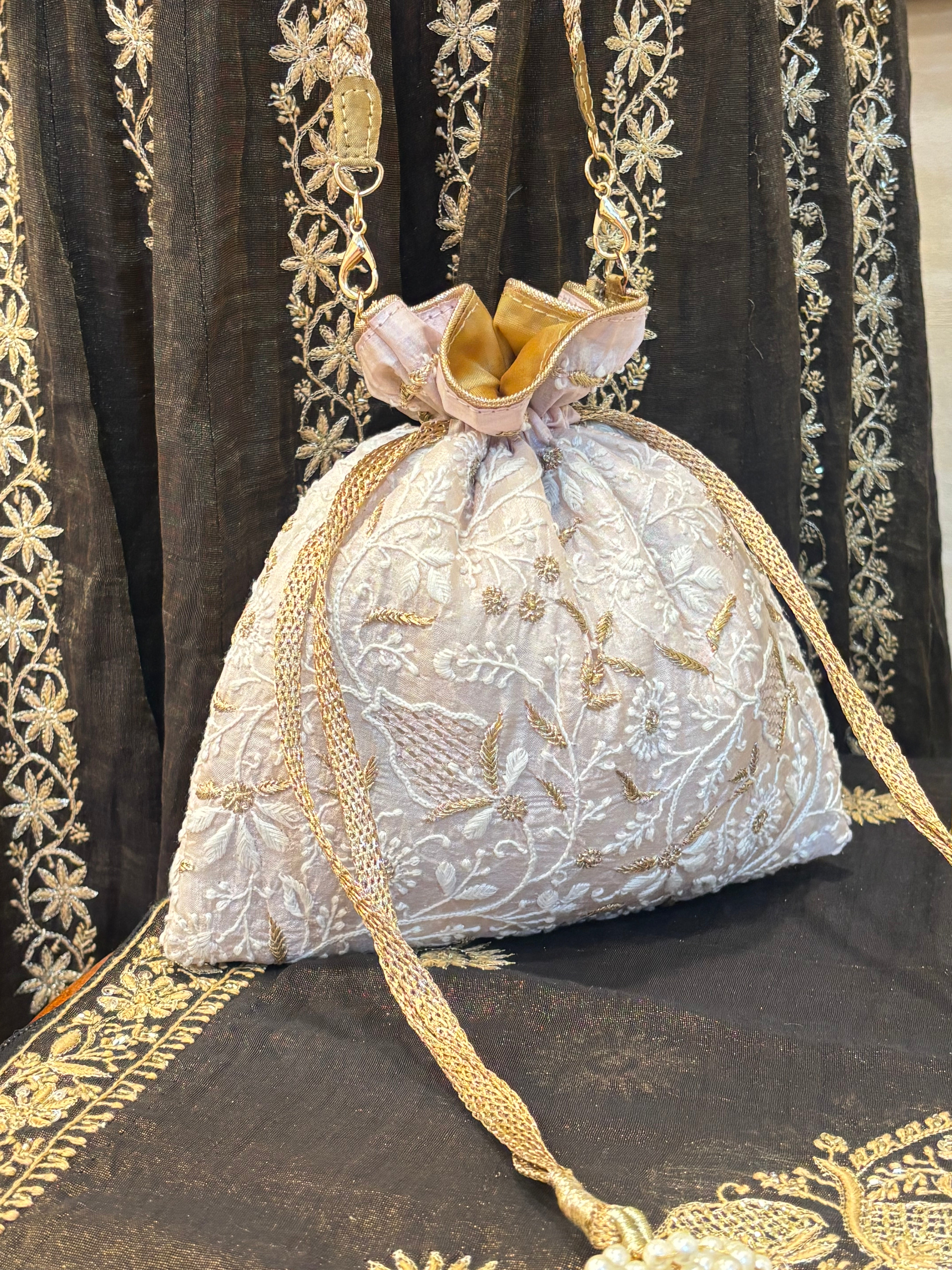Pinkish Ivory Chikankari  Potli
