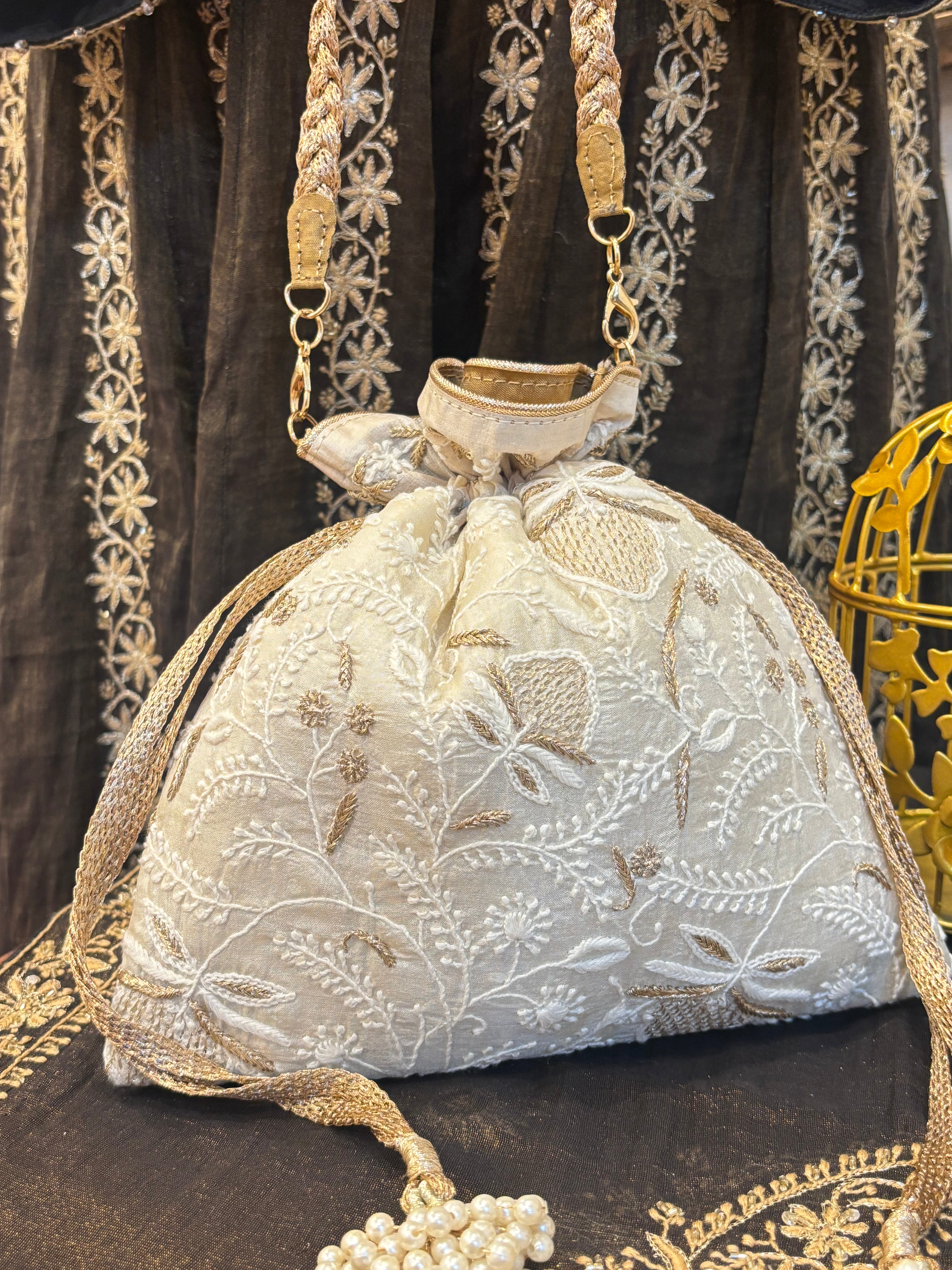 Ivory Chikankari Potli