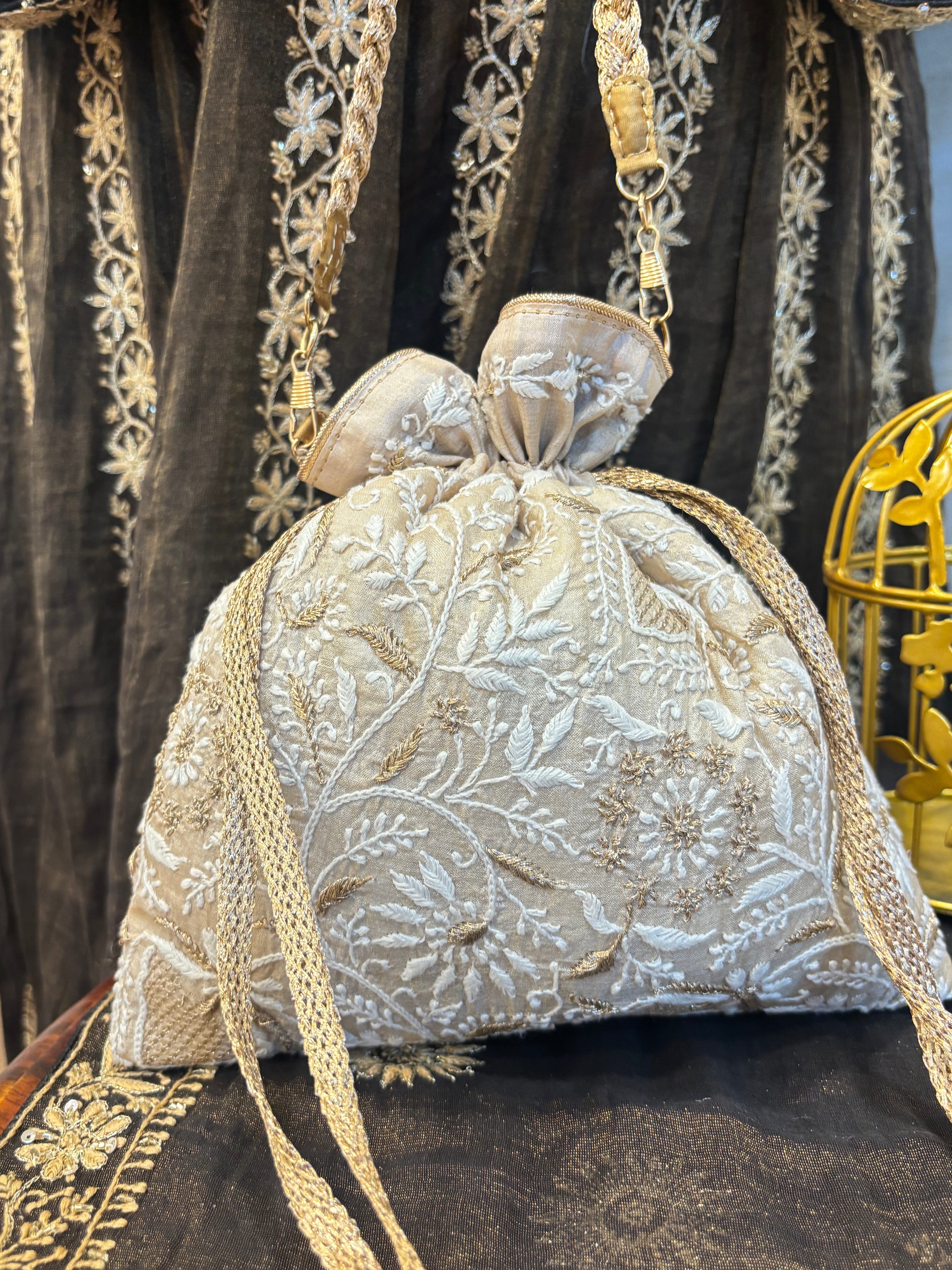 Beige Chikankari Potli
