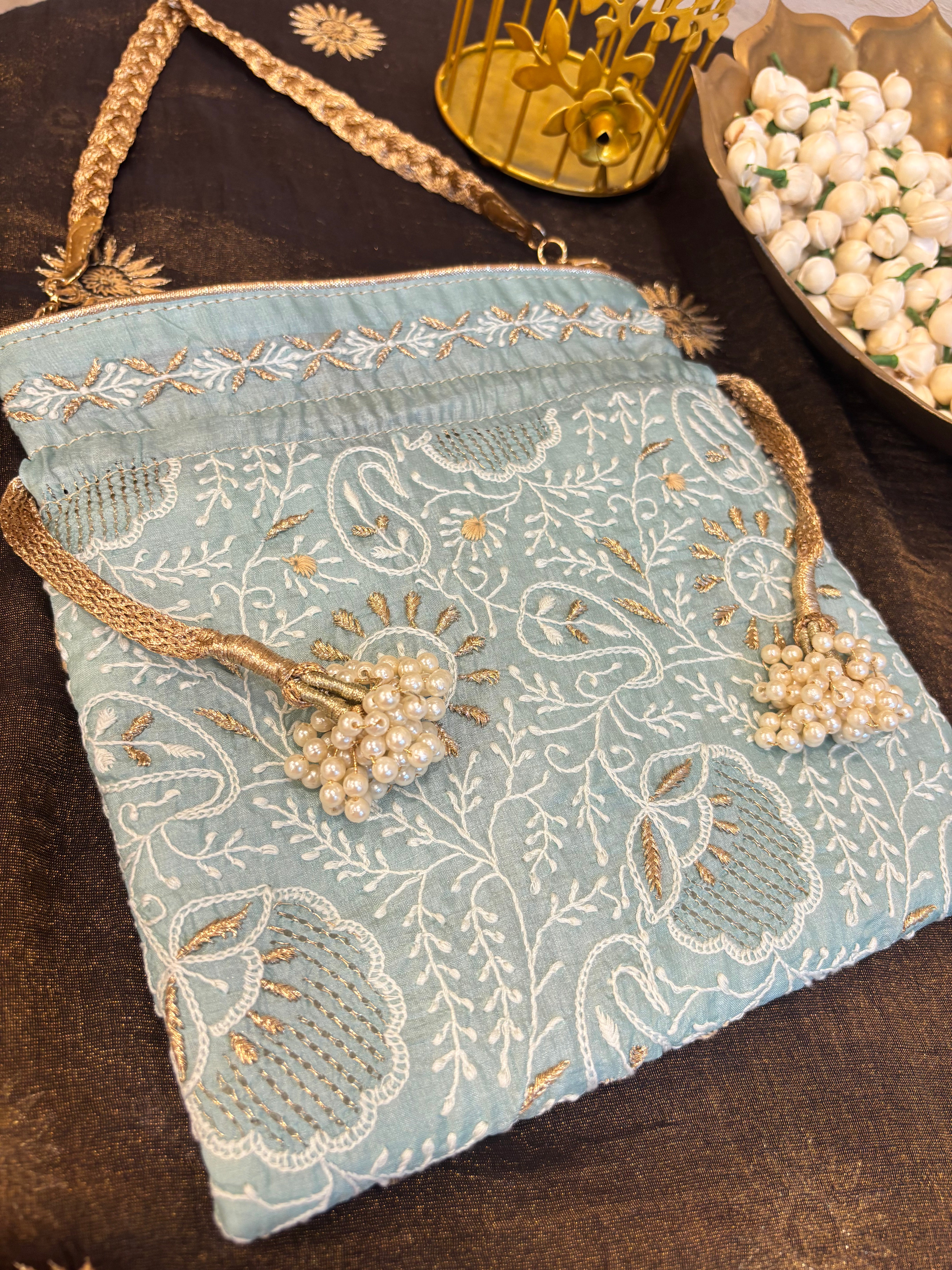 Teal  Chikankari Potli