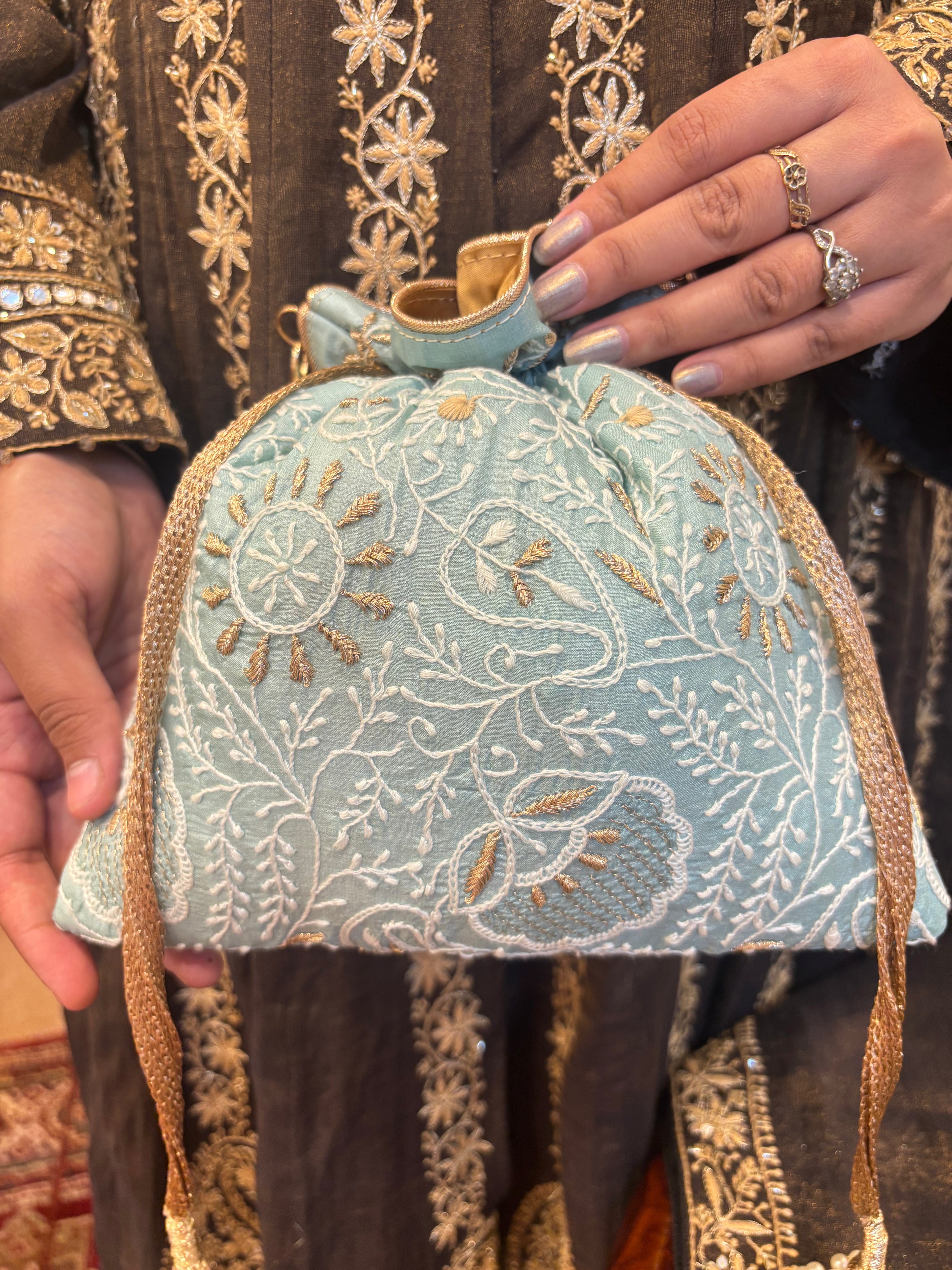 Teal  Chikankari Potli
