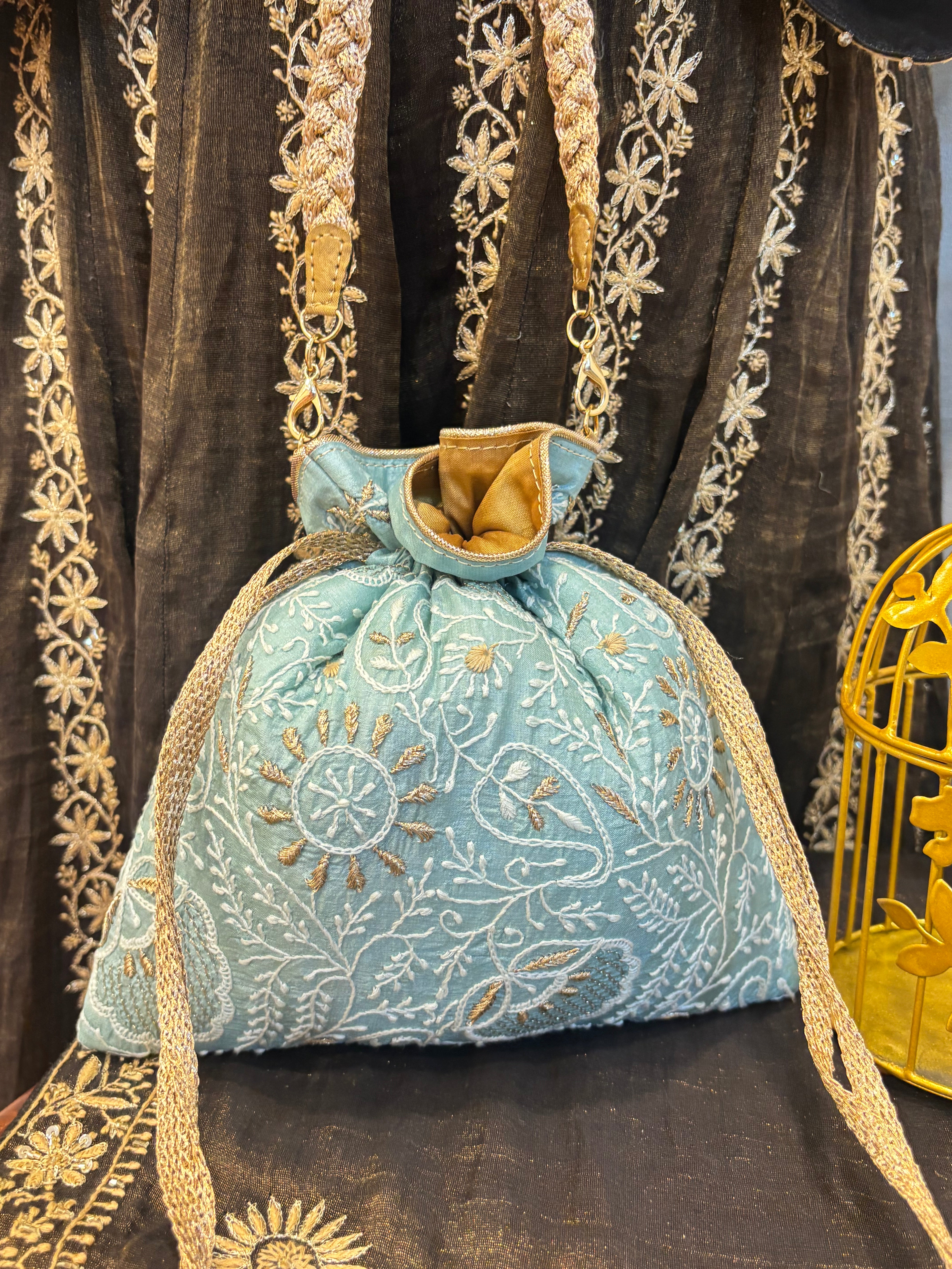 Teal  Chikankari Potli