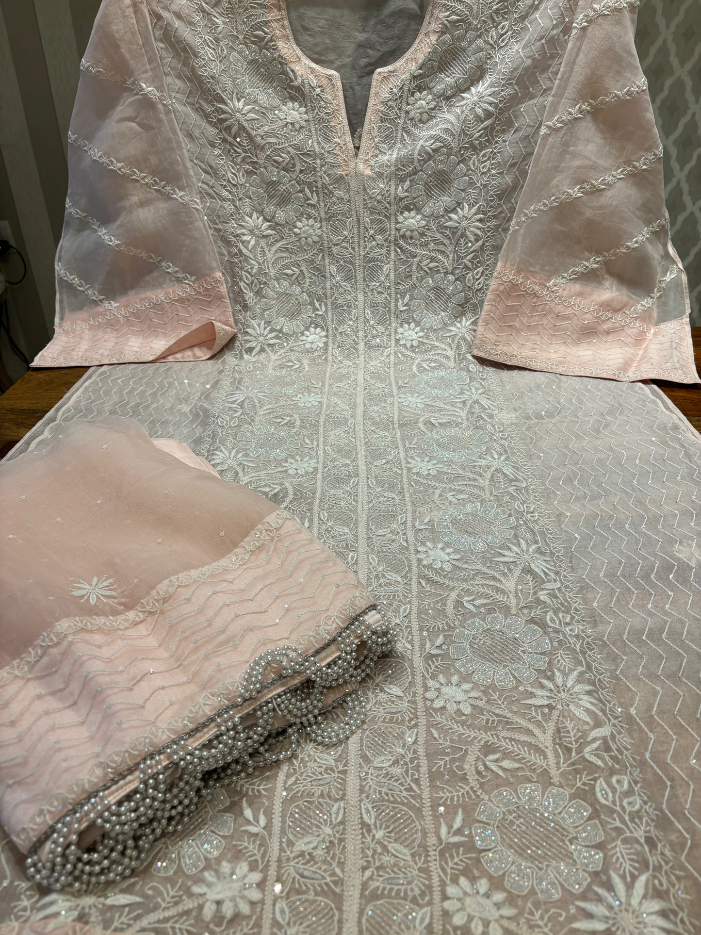 Baby Pink Organza Silk Chikankari Kurta and Dupatta