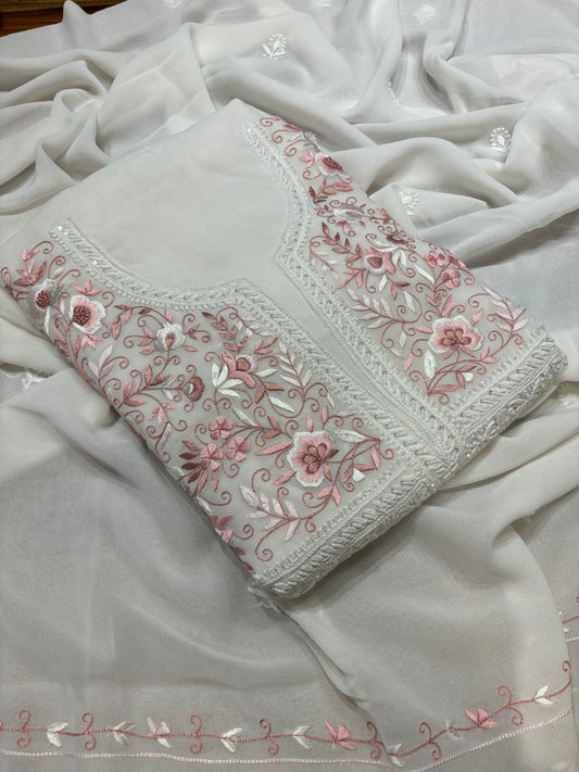 Dyeable Pure Georgette Chikankari, Parsi Garha Kurta and Dupatta