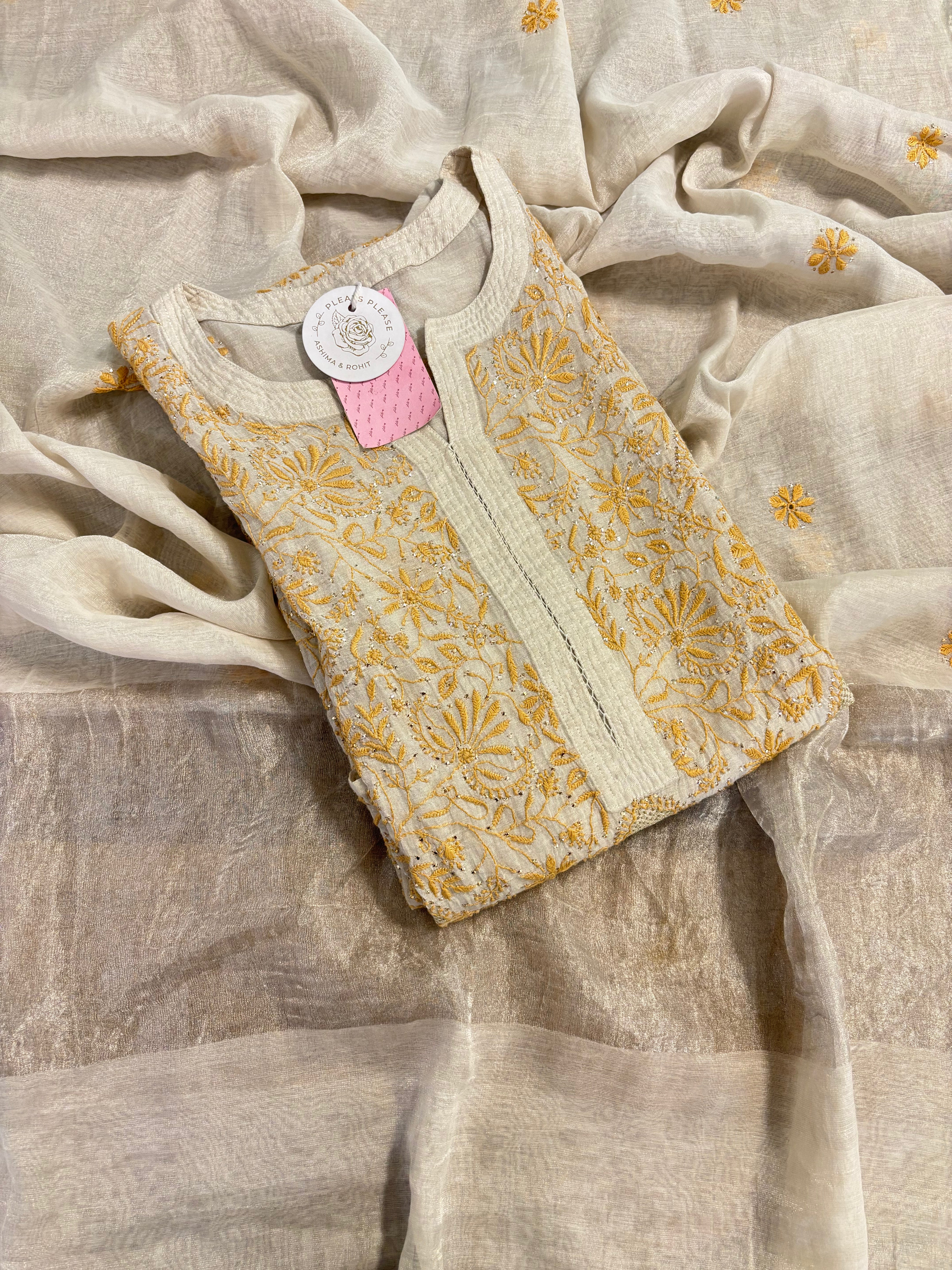 Dyeable Pure & Premium Silver Tissue Chikankari Kurta & Dupatta