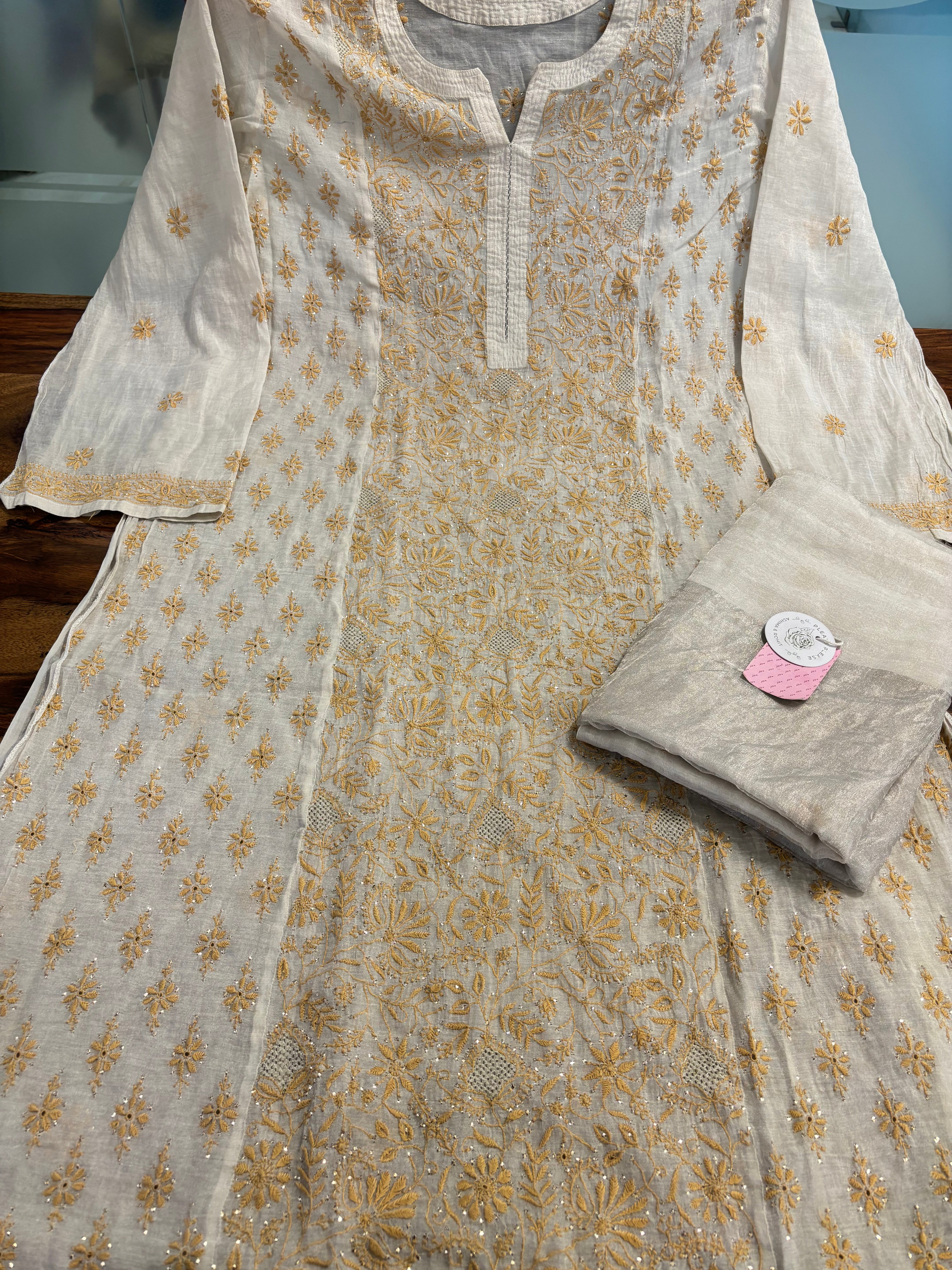 Dyeable Pure & Premium Silver Tissue Chikankari Kurta & Dupatta set - Pleats PleaseChikankari