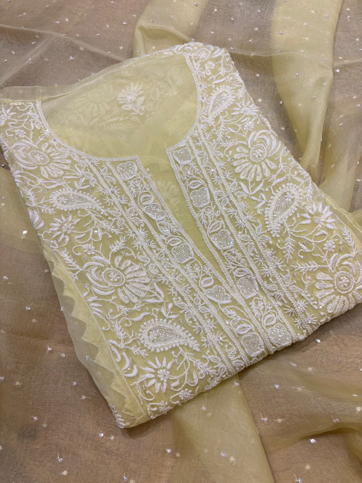 Lime Yellow Organza Silk Chikankari Kurta and Dupatta