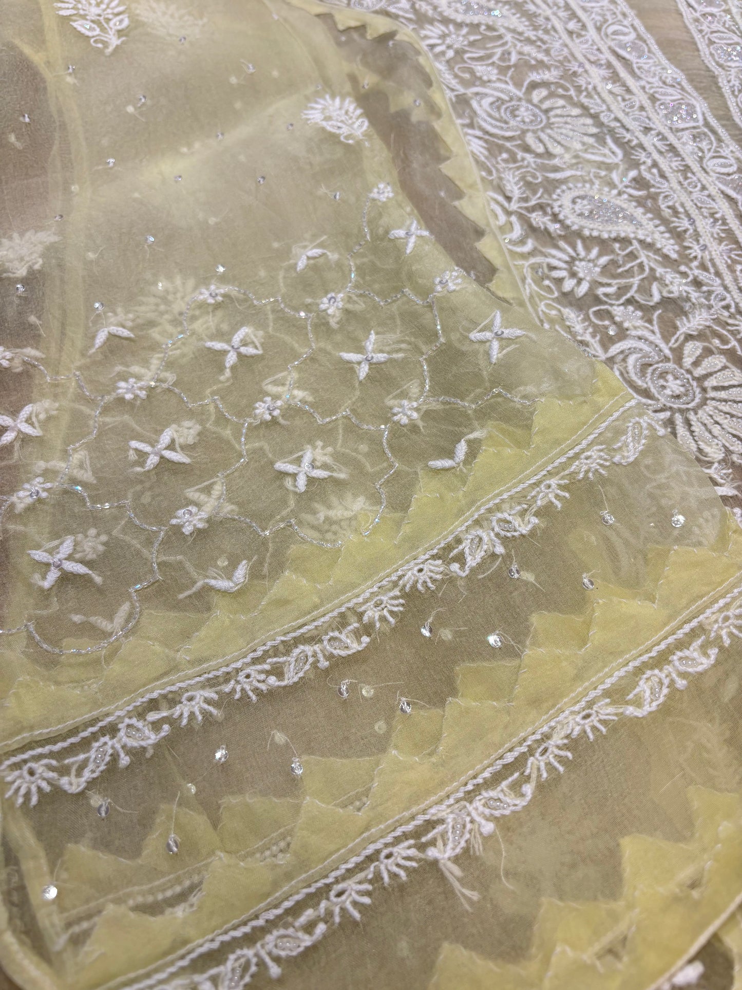 Lime Yellow Organza Silk Chikankari Kurta and Dupatta