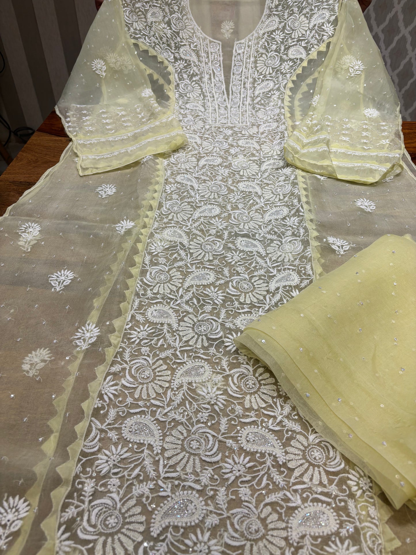 Lime Yellow Organza Silk Chikankari Kurta and Dupatta