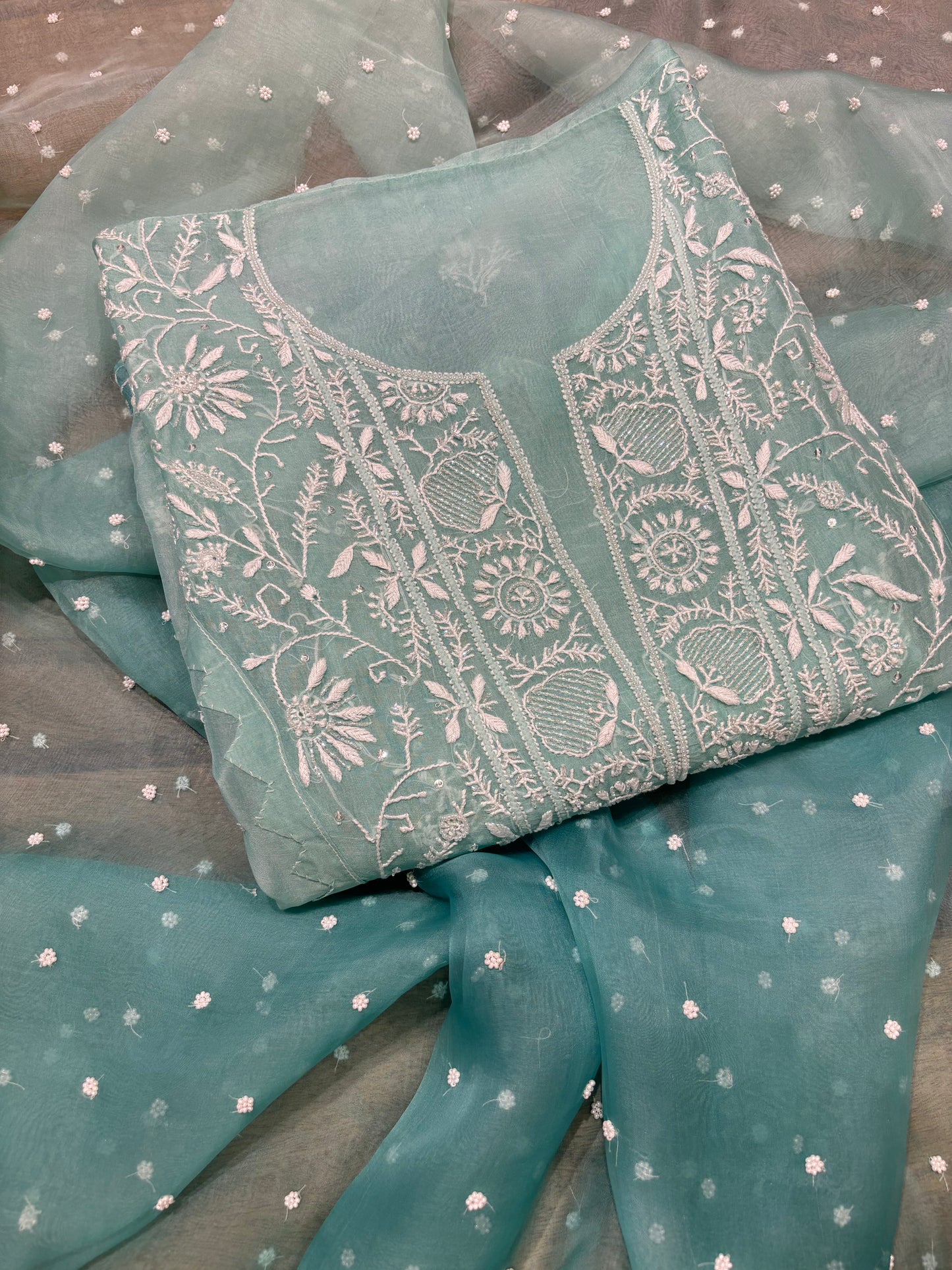 Aqua Blue Ombre Organza Silk Chikankari Kurta and Dupatta