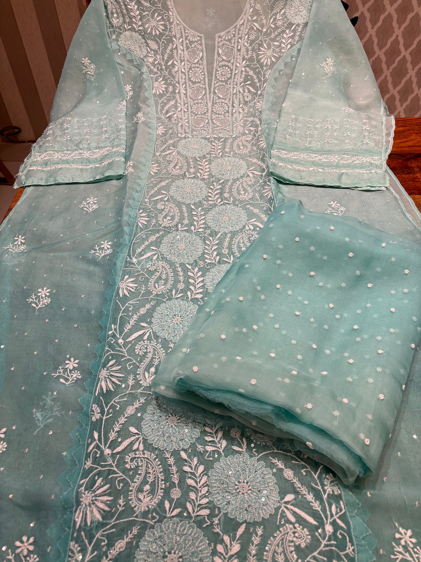 Aqua Blue Ombre Organza Silk Chikankari Kurta and Dupatta