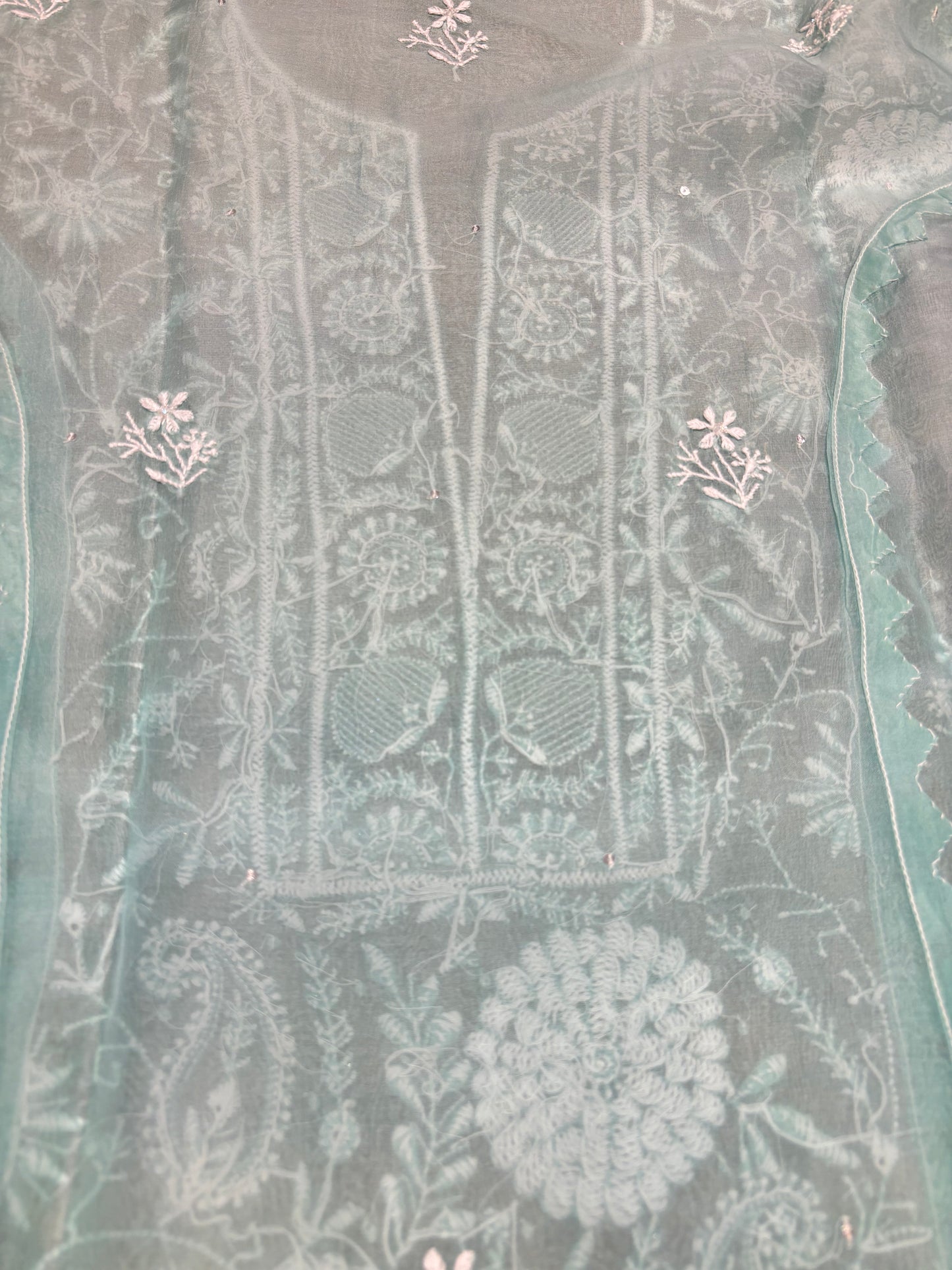 Aqua Blue Ombre Organza Silk Chikankari Kurta and Dupatta