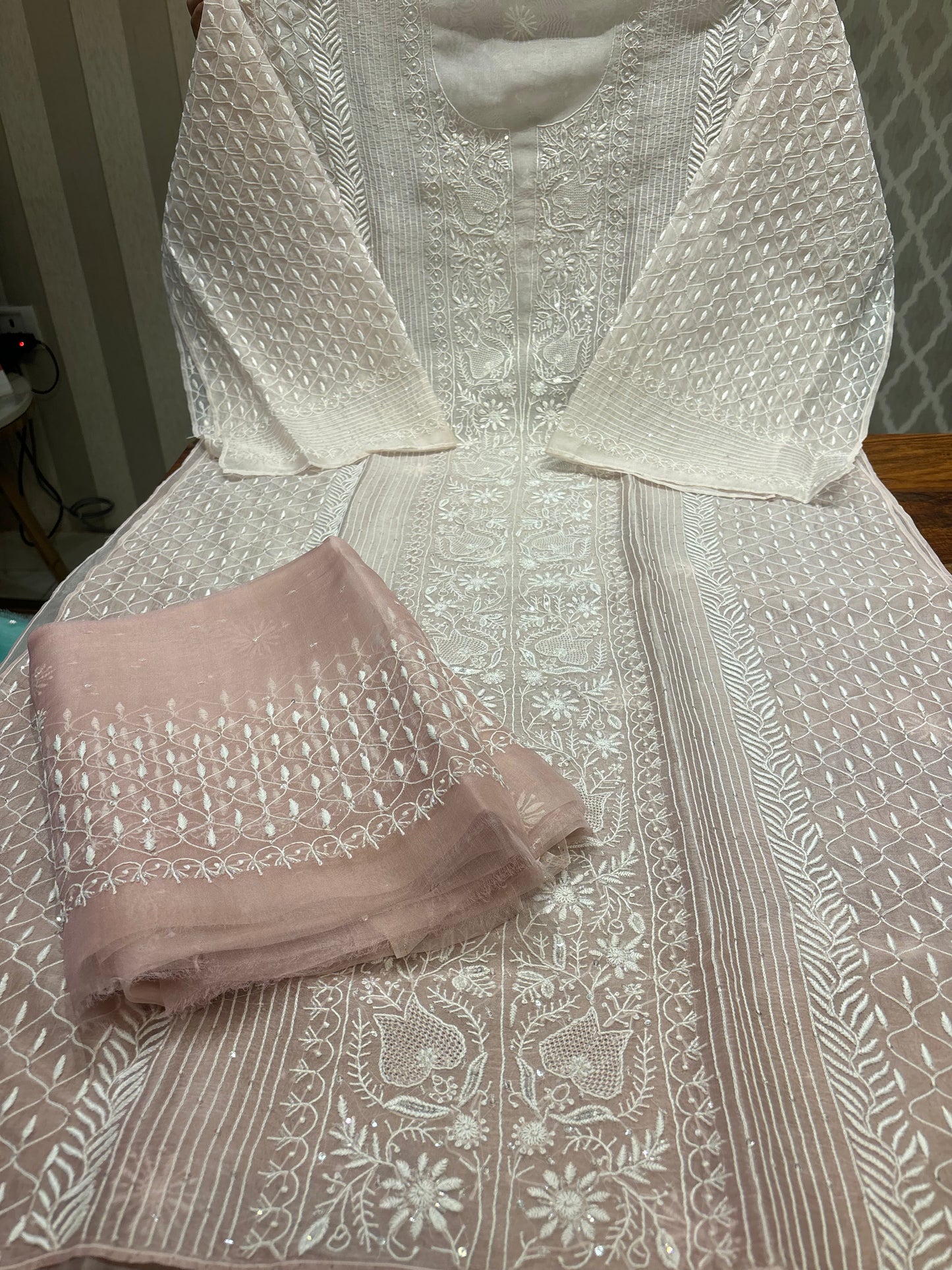 Dusty Pink Ombre Organza Silk Chikankari Kurta and Dupatta