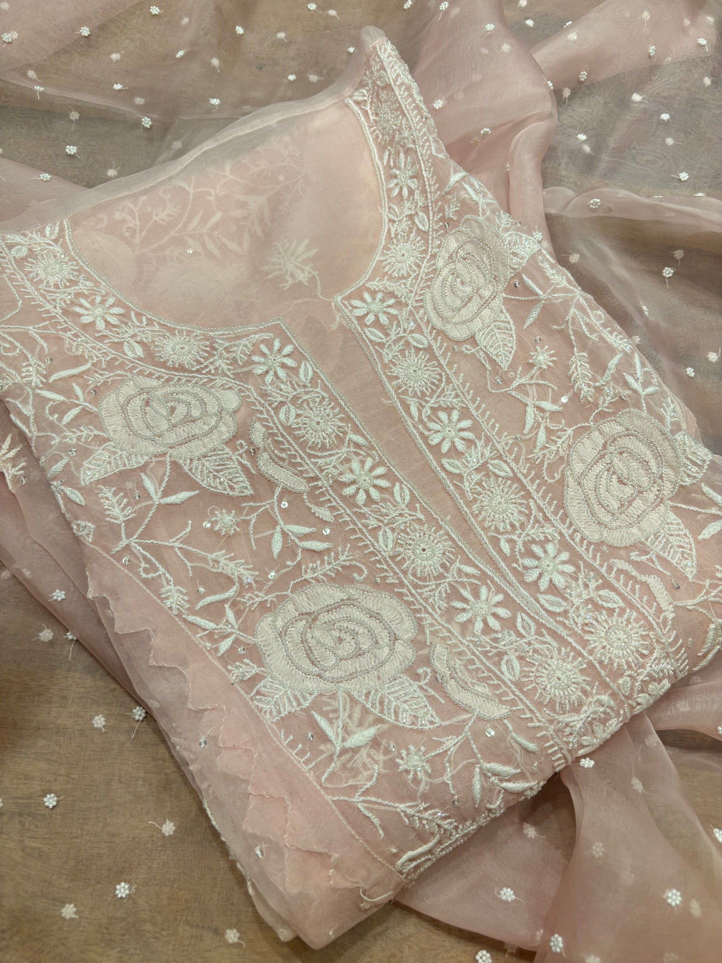 Baby Pink Organza Silk Chikankari Kurta and Dupatta