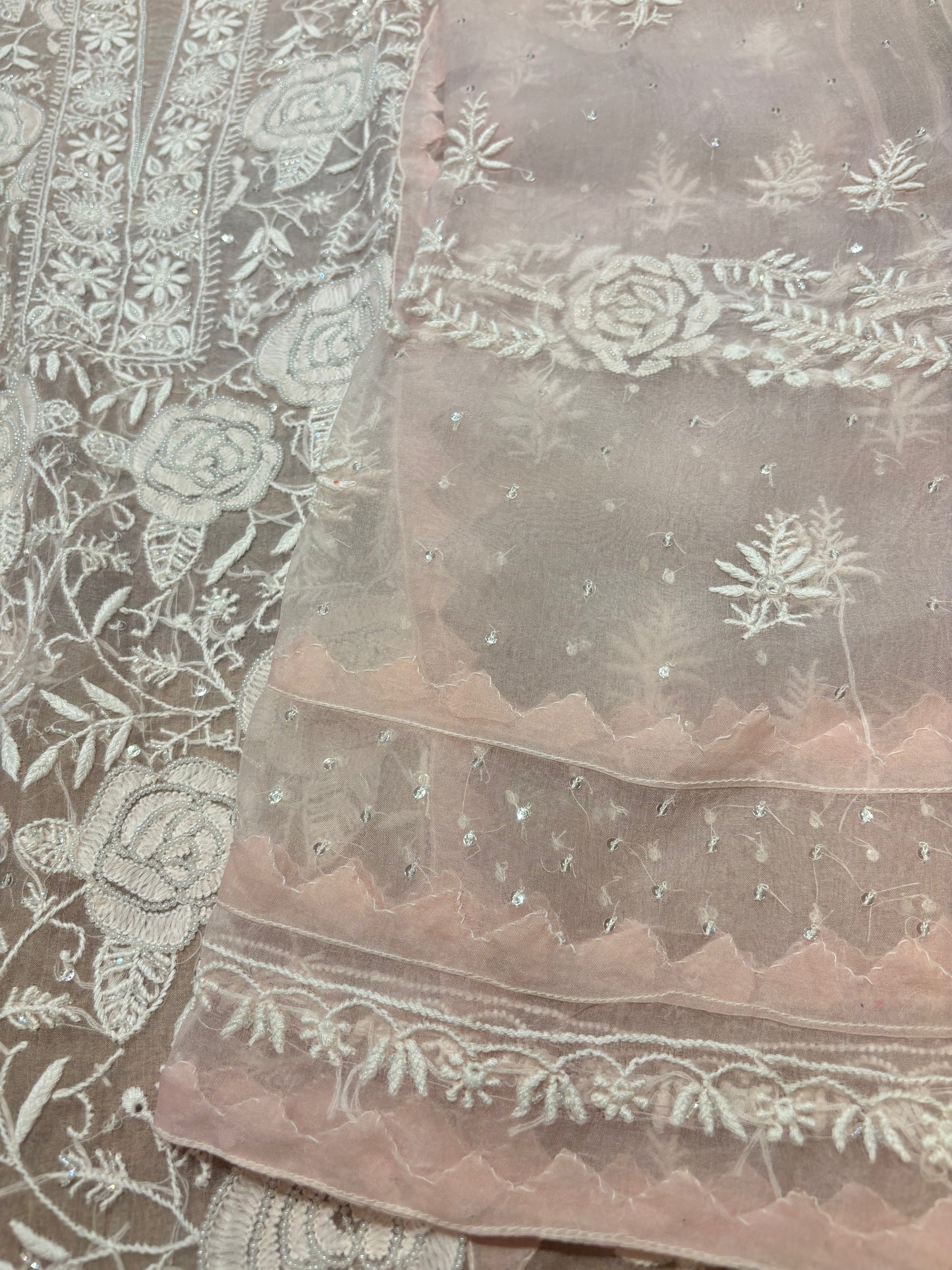 Baby Pink Organza Silk Chikankari Kurta and Dupatta