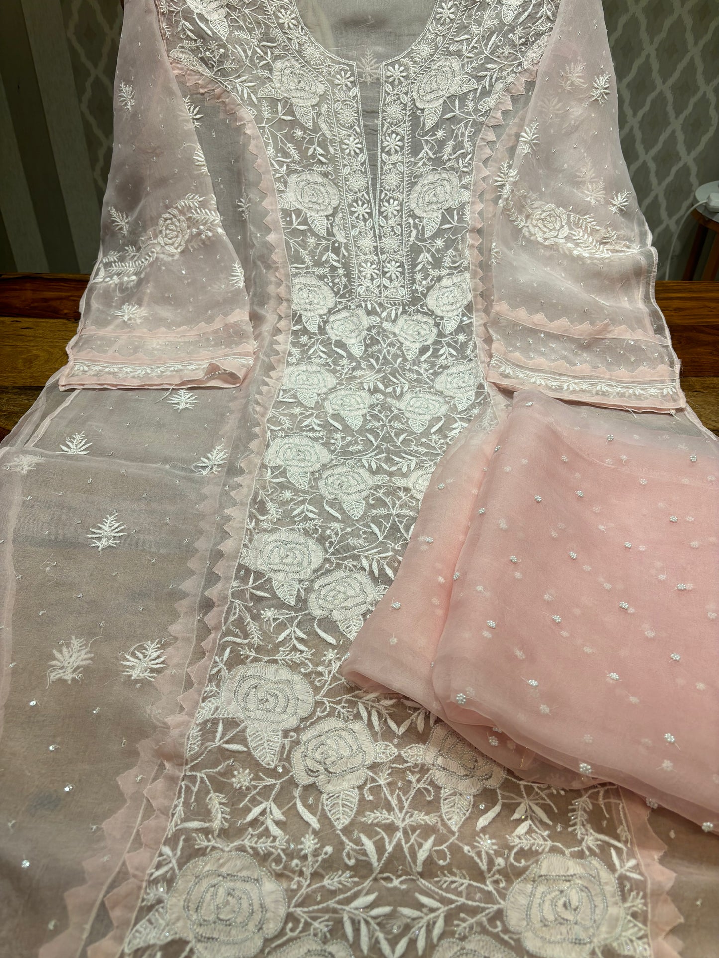 Baby Pink Organza Silk Chikankari Kurta and Dupatta