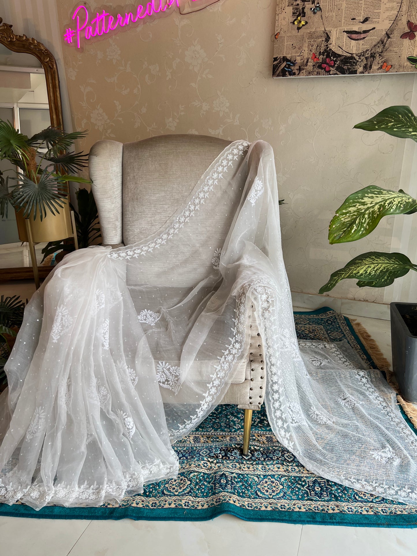 Dyeable Organza Silk Chikankari Saree and Blouse