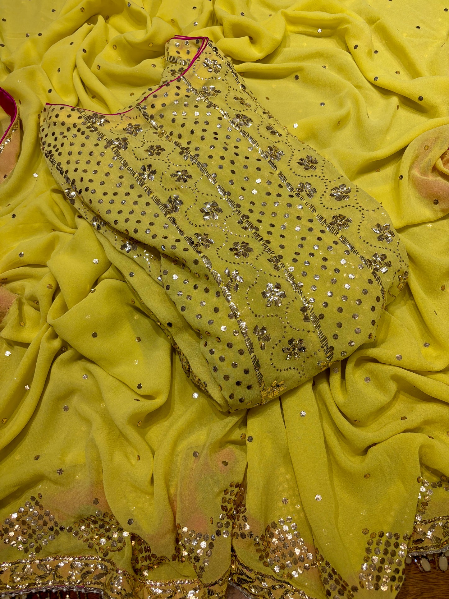 Lime Yellow Pure Georgette Badla Anarkali and Dupatta