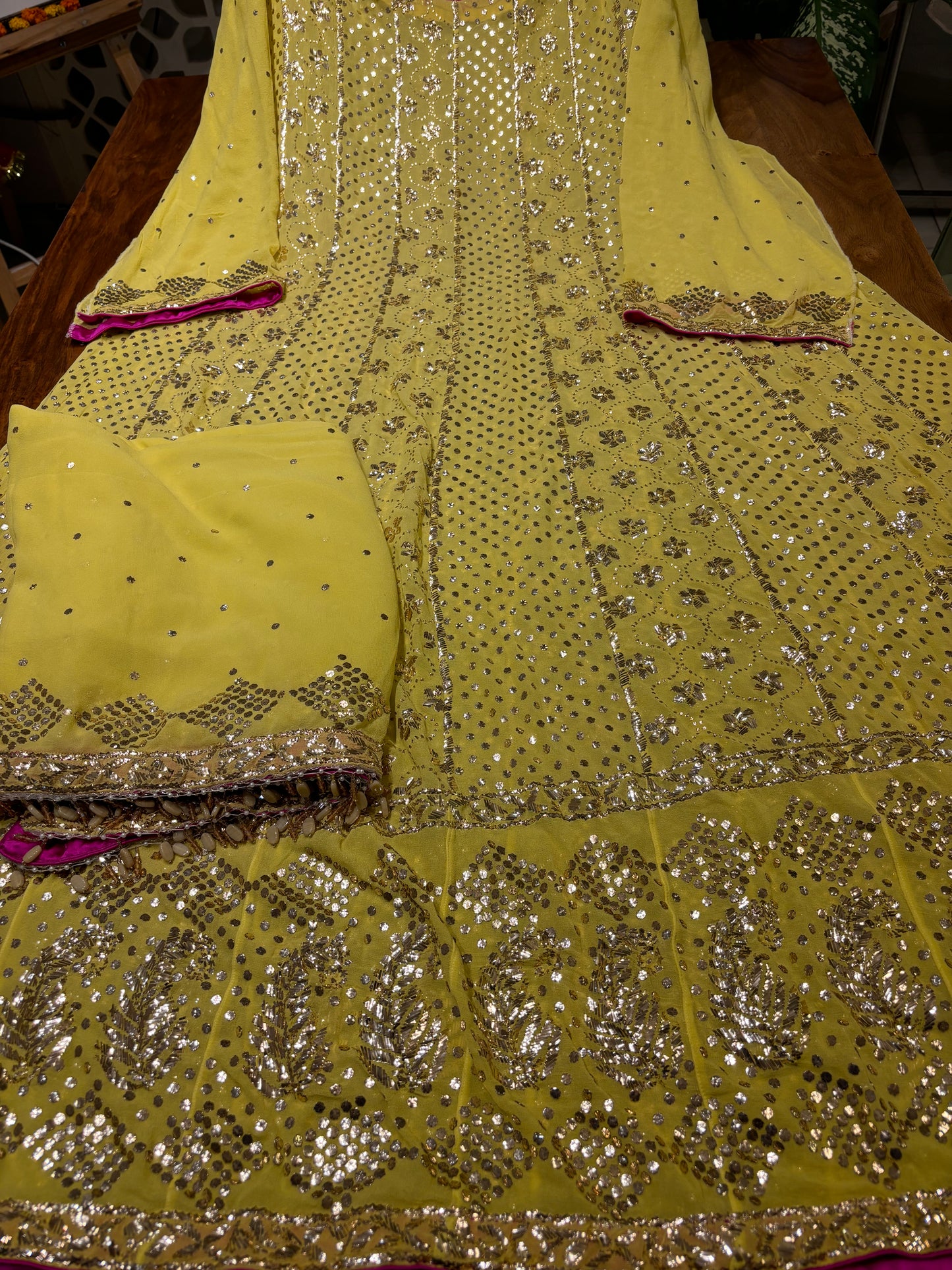 Lime Yellow Pure Georgette Badla Anarkali and Dupatta