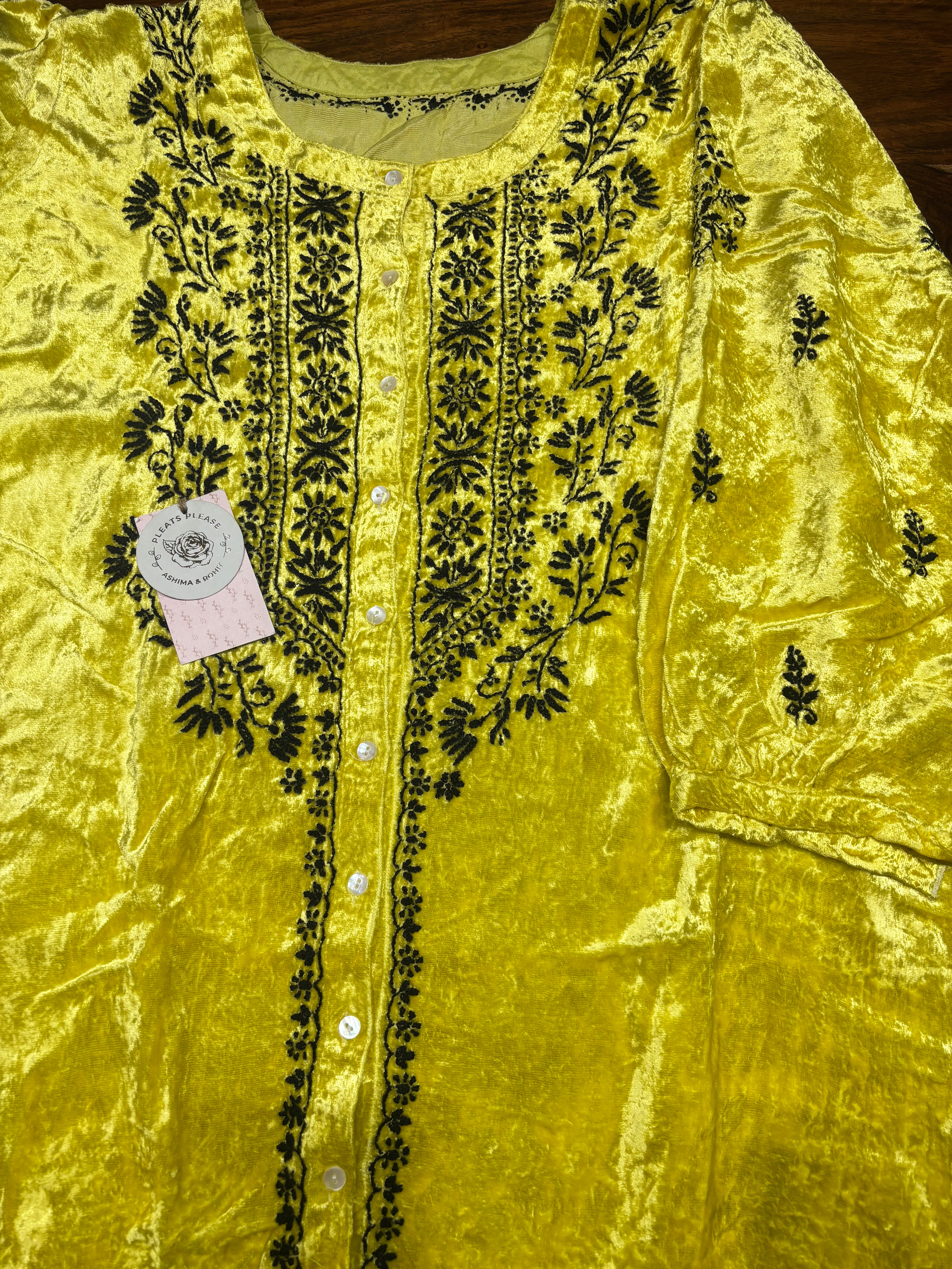 Lemon Yellow Velvet Chikankari Co-ord Set