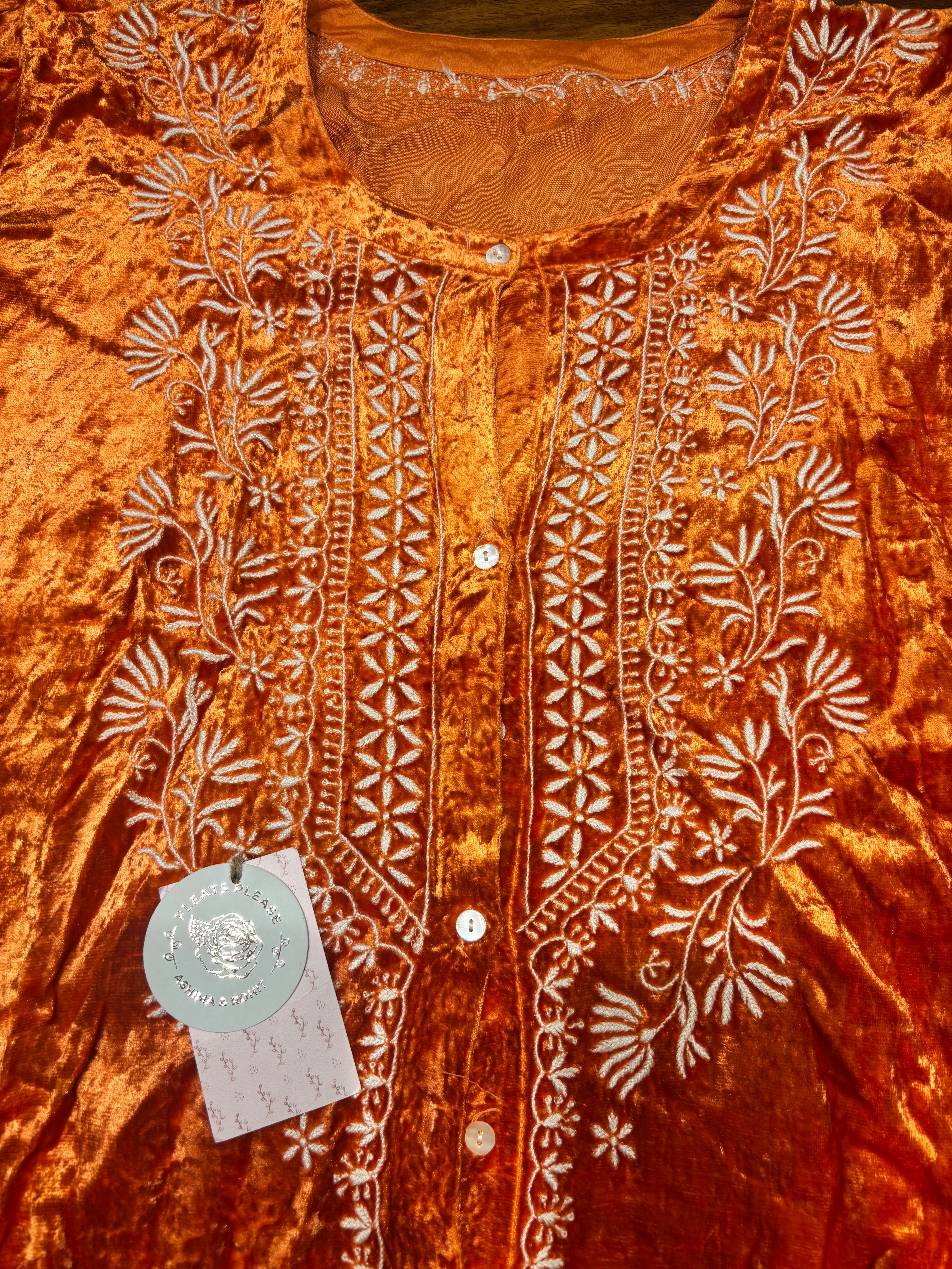 Orange Velvet Chikankari Co-ord Set