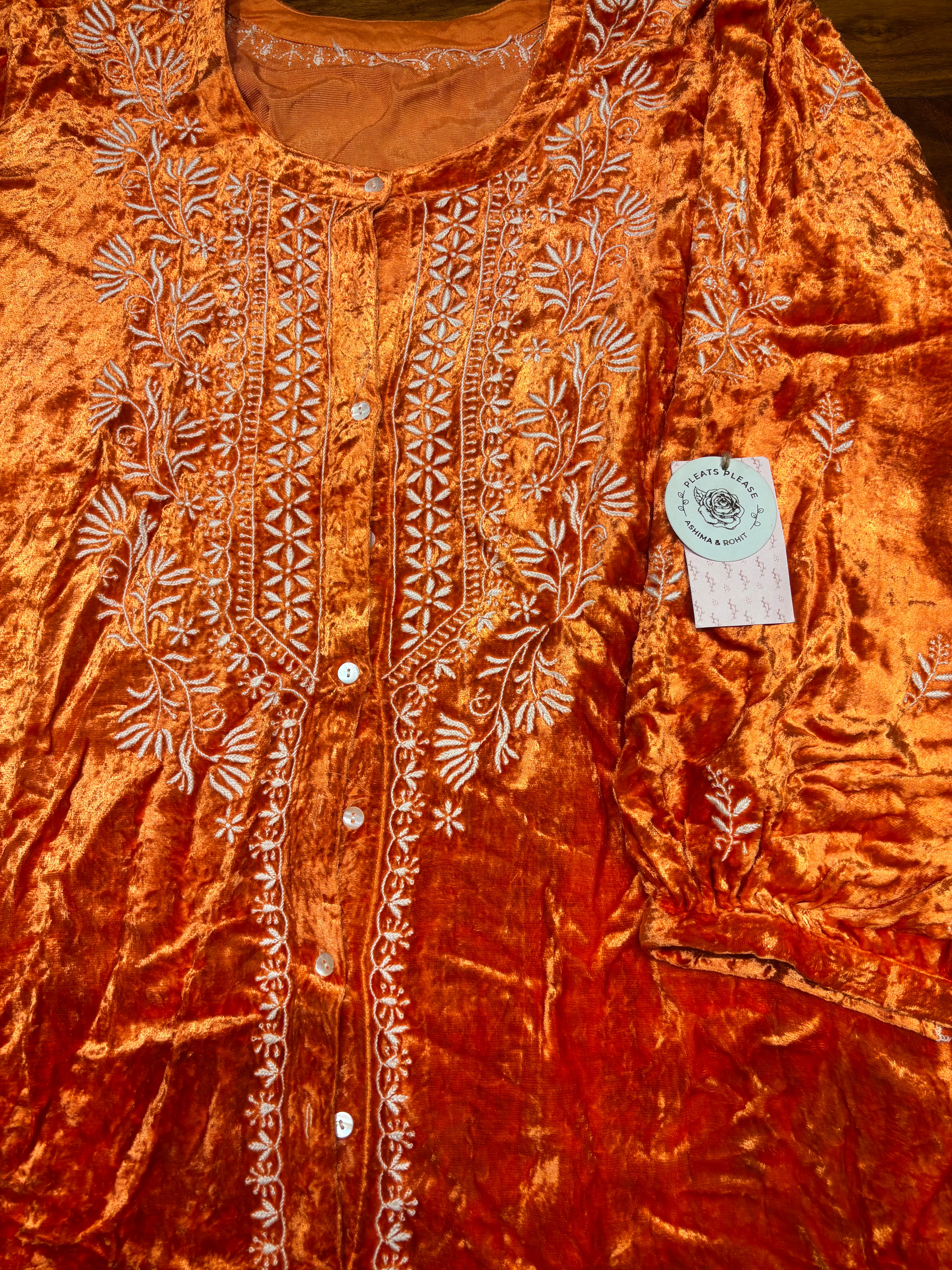 Orange Velvet Chikankari Co-ord Set