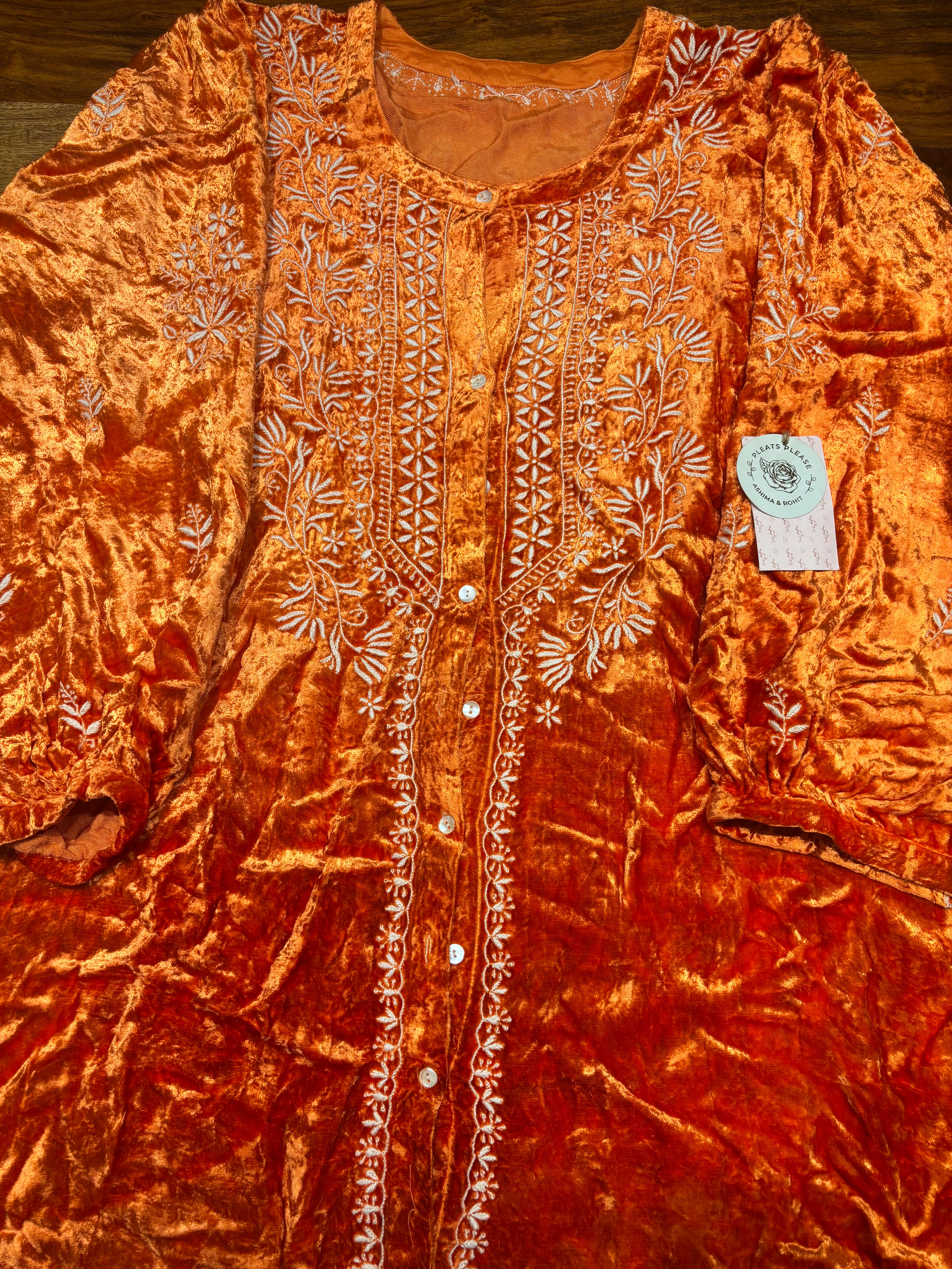 Orange Velvet Chikankari Co-ord Set