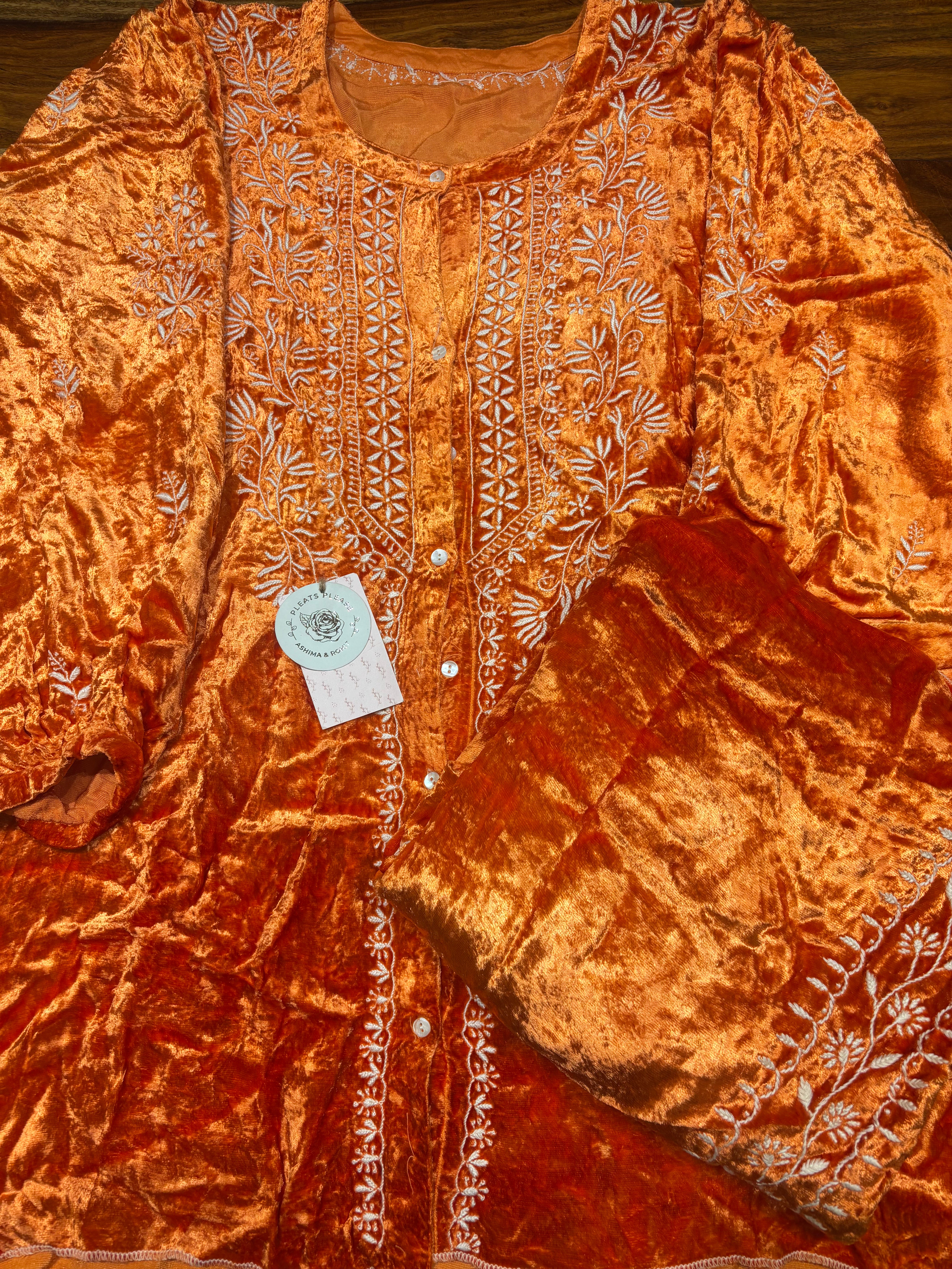 Orange Velvet Chikankari Co-ord Set