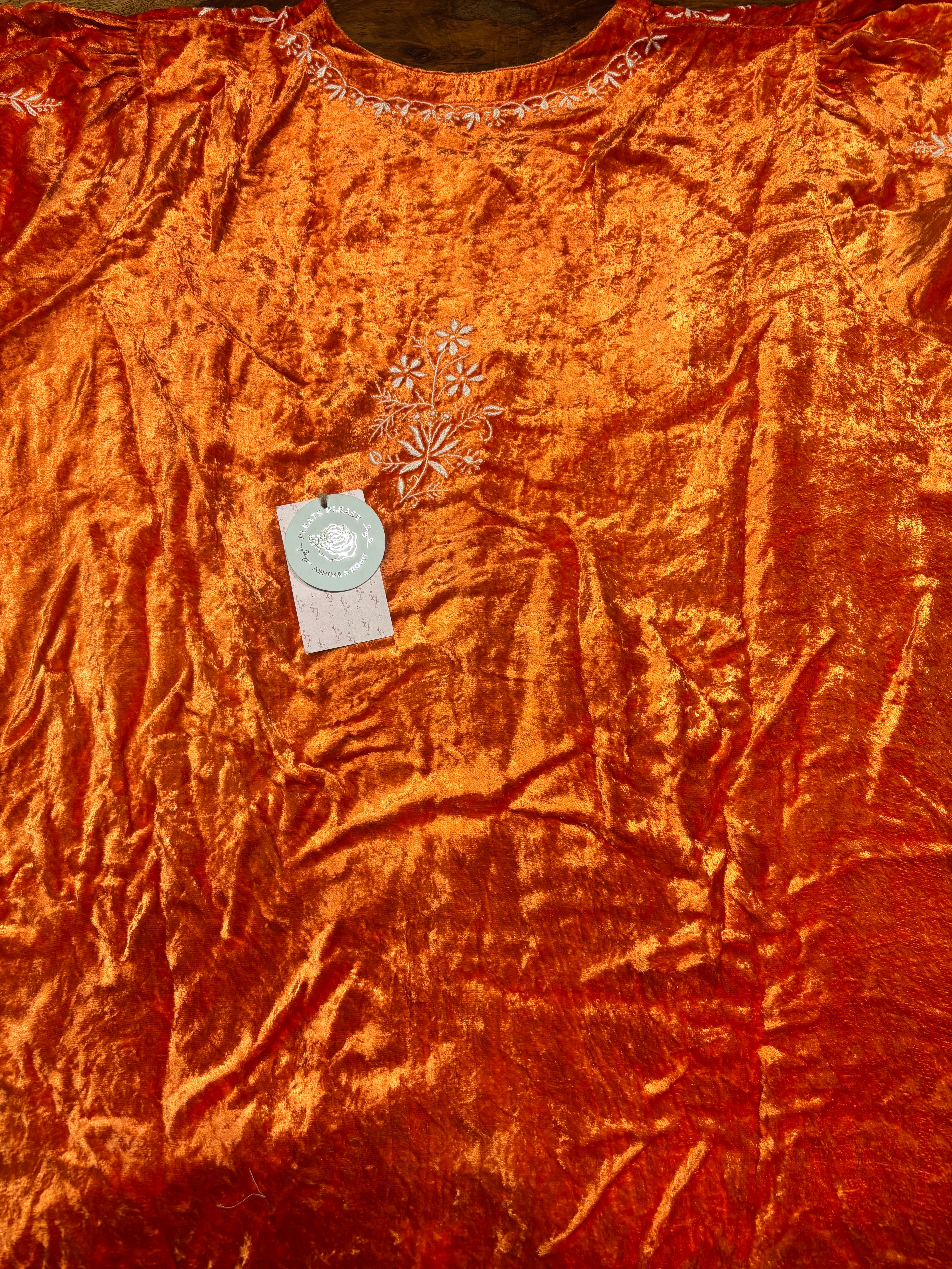 Orange Velvet Chikankari Co-ord Set