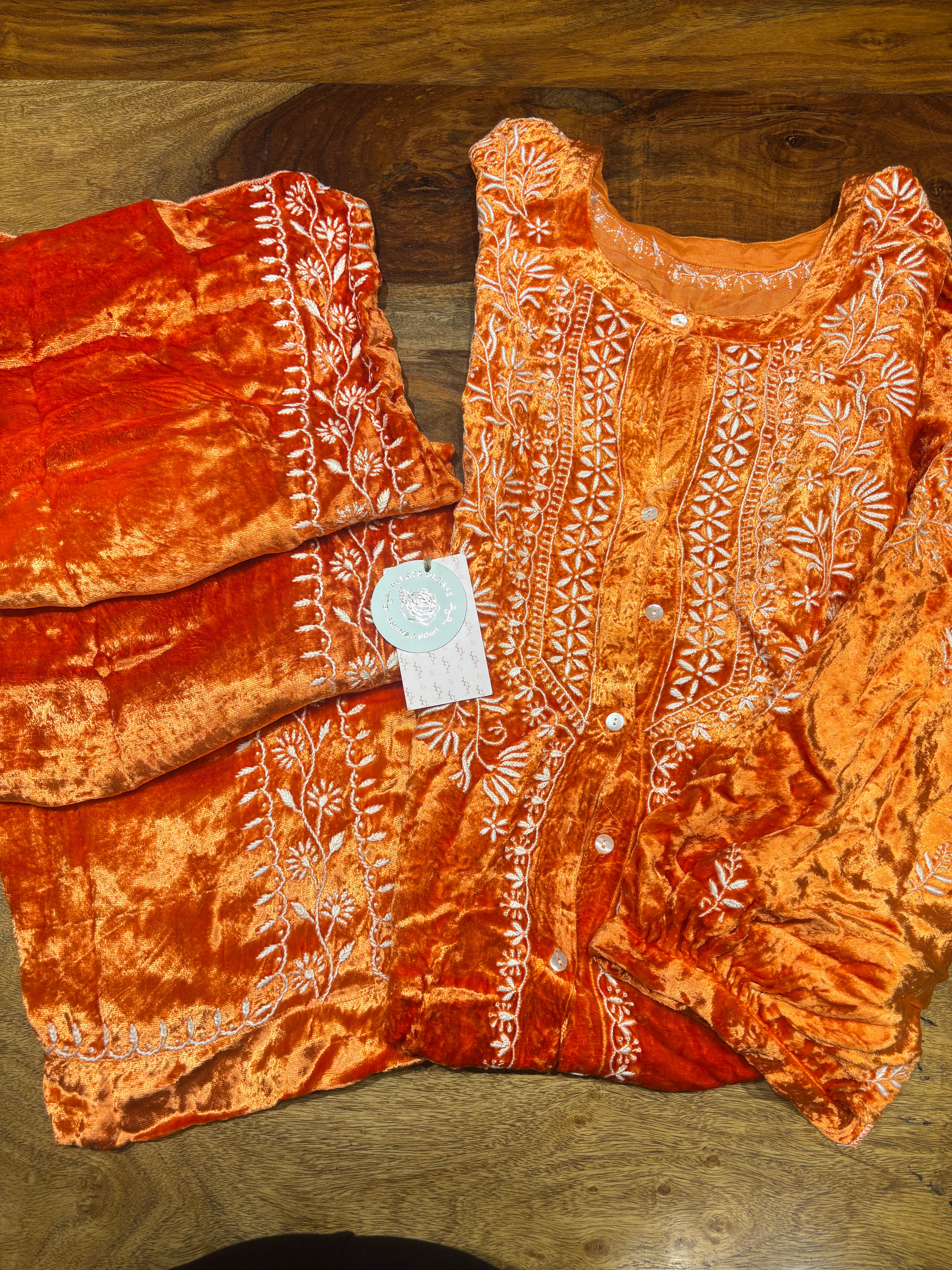 Orange Velvet Chikankari Co-ord Set