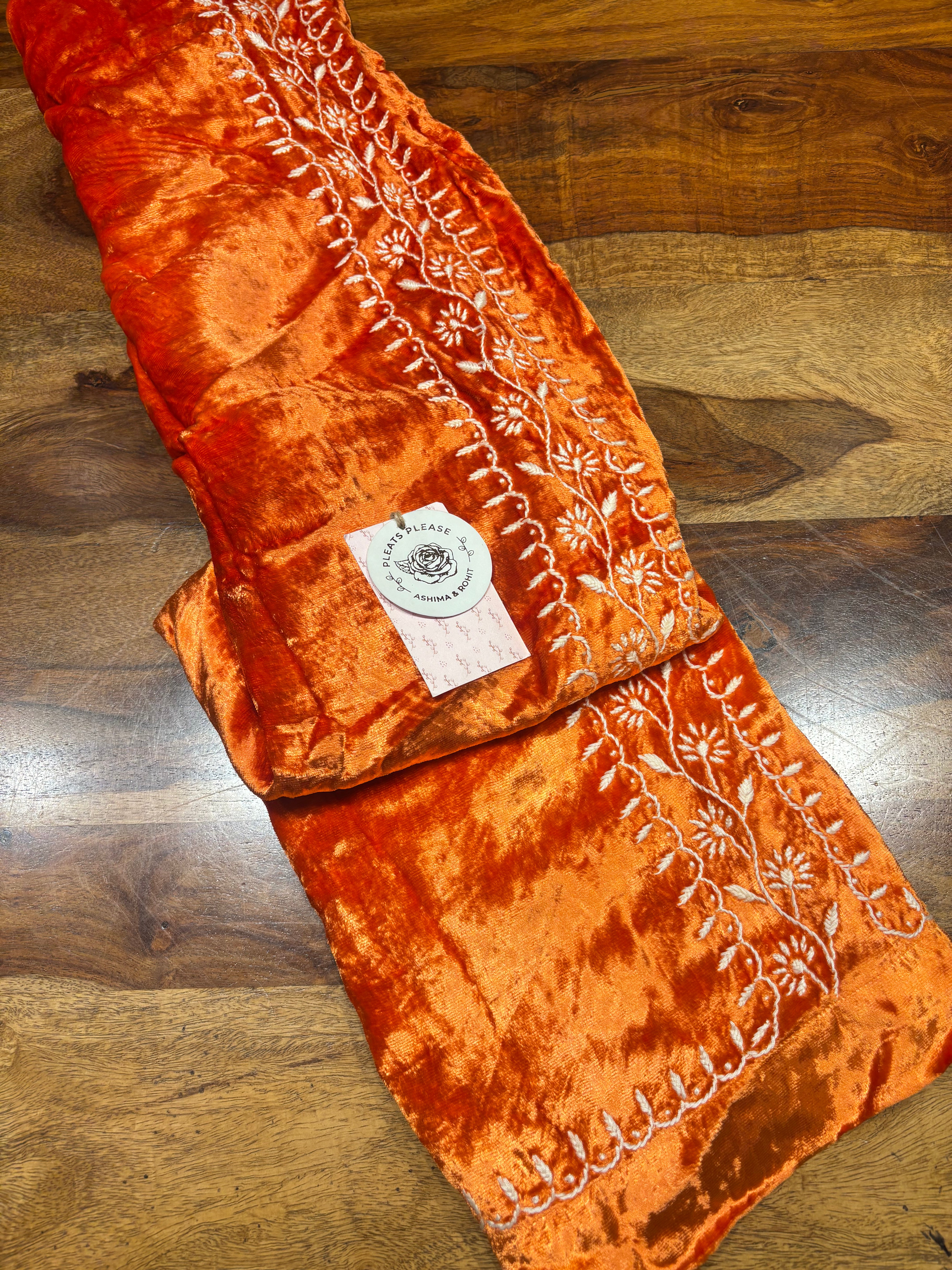 Orange Velvet Chikankari Co-ord Set