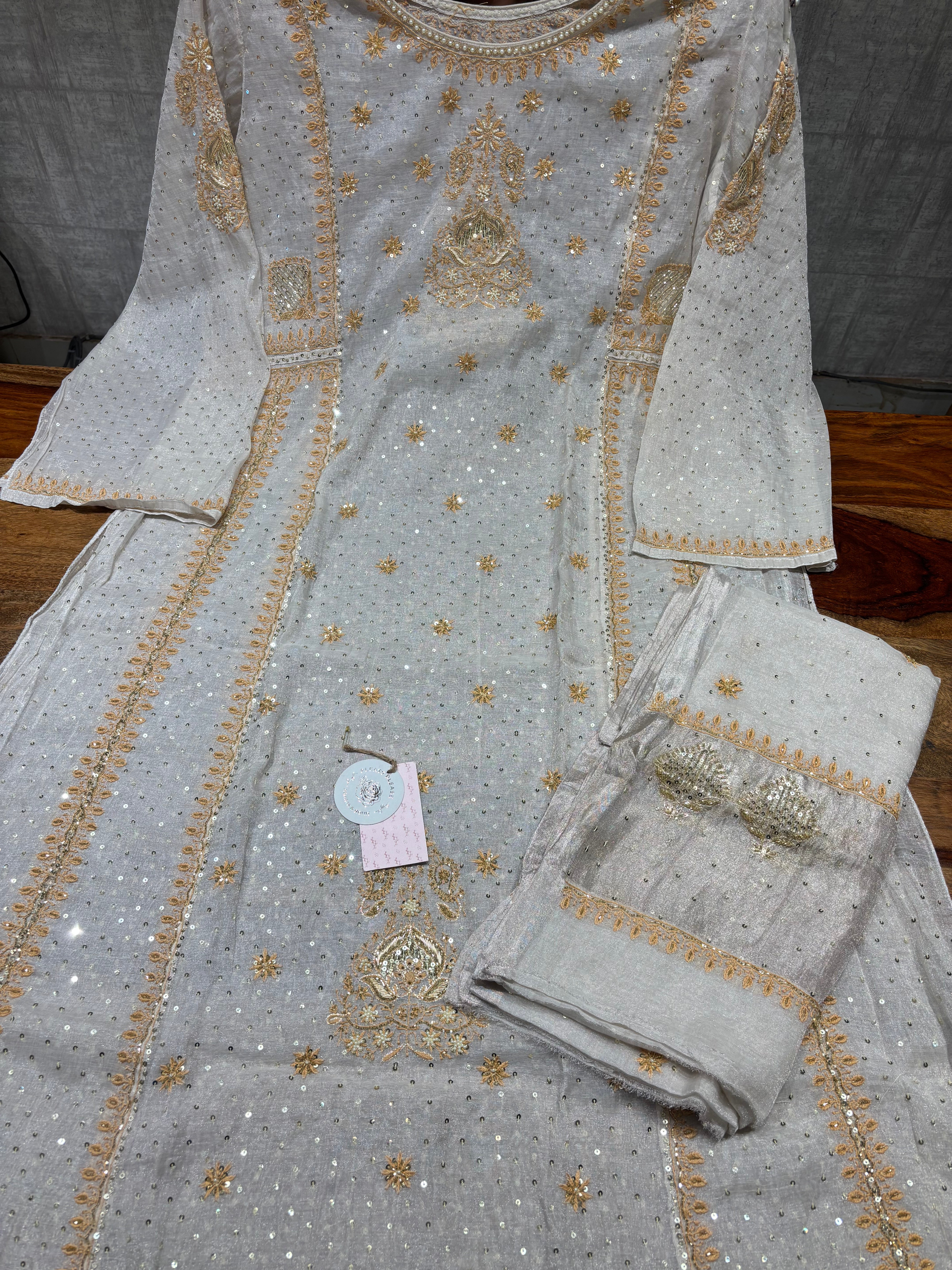 Dyeable Pure & Premium Silver Tissue A-Line Anarkali & Dupatta Set
