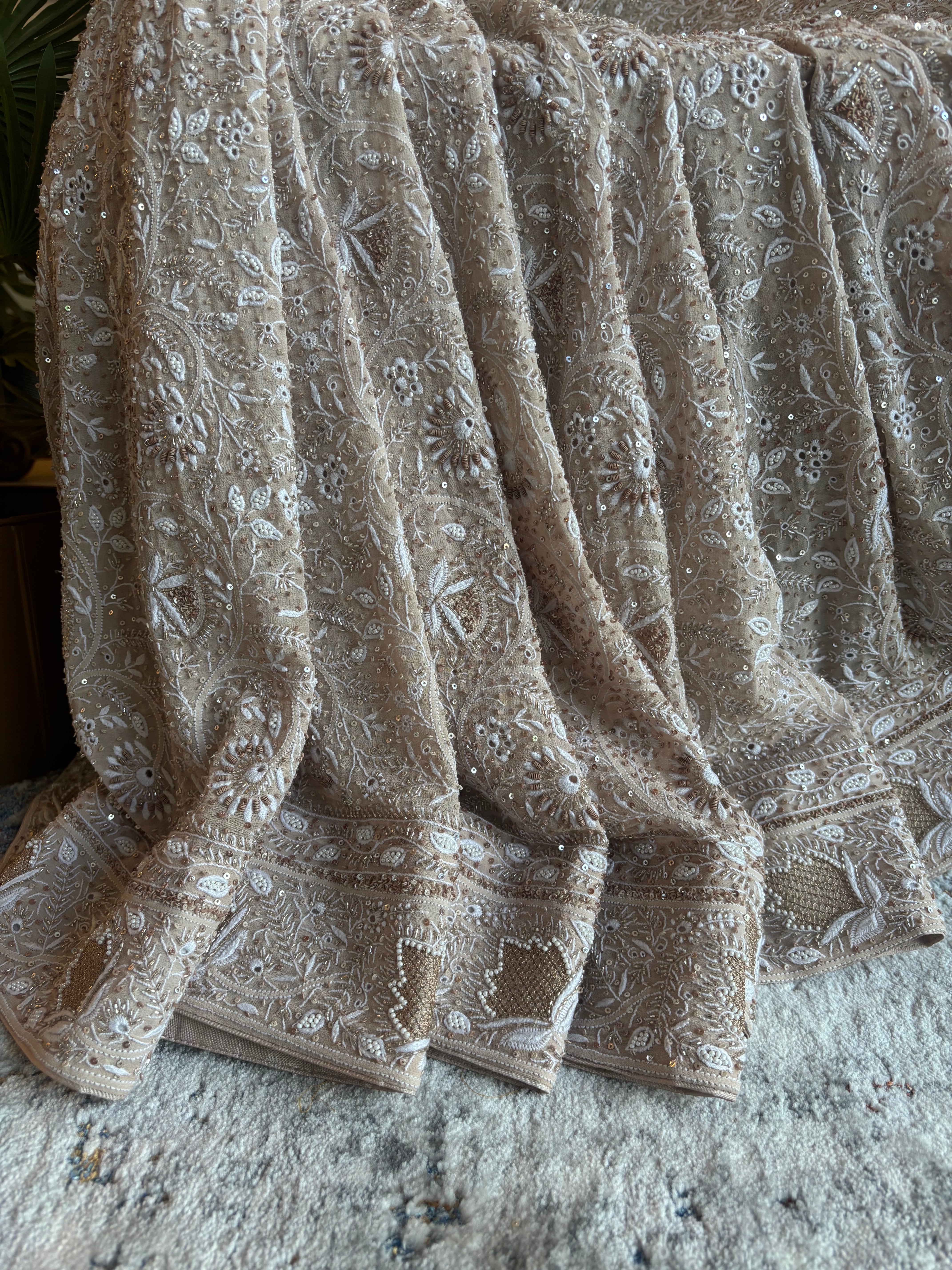 Almond Frost Pure And Premium Georgette Chikankari Saree And Blouse