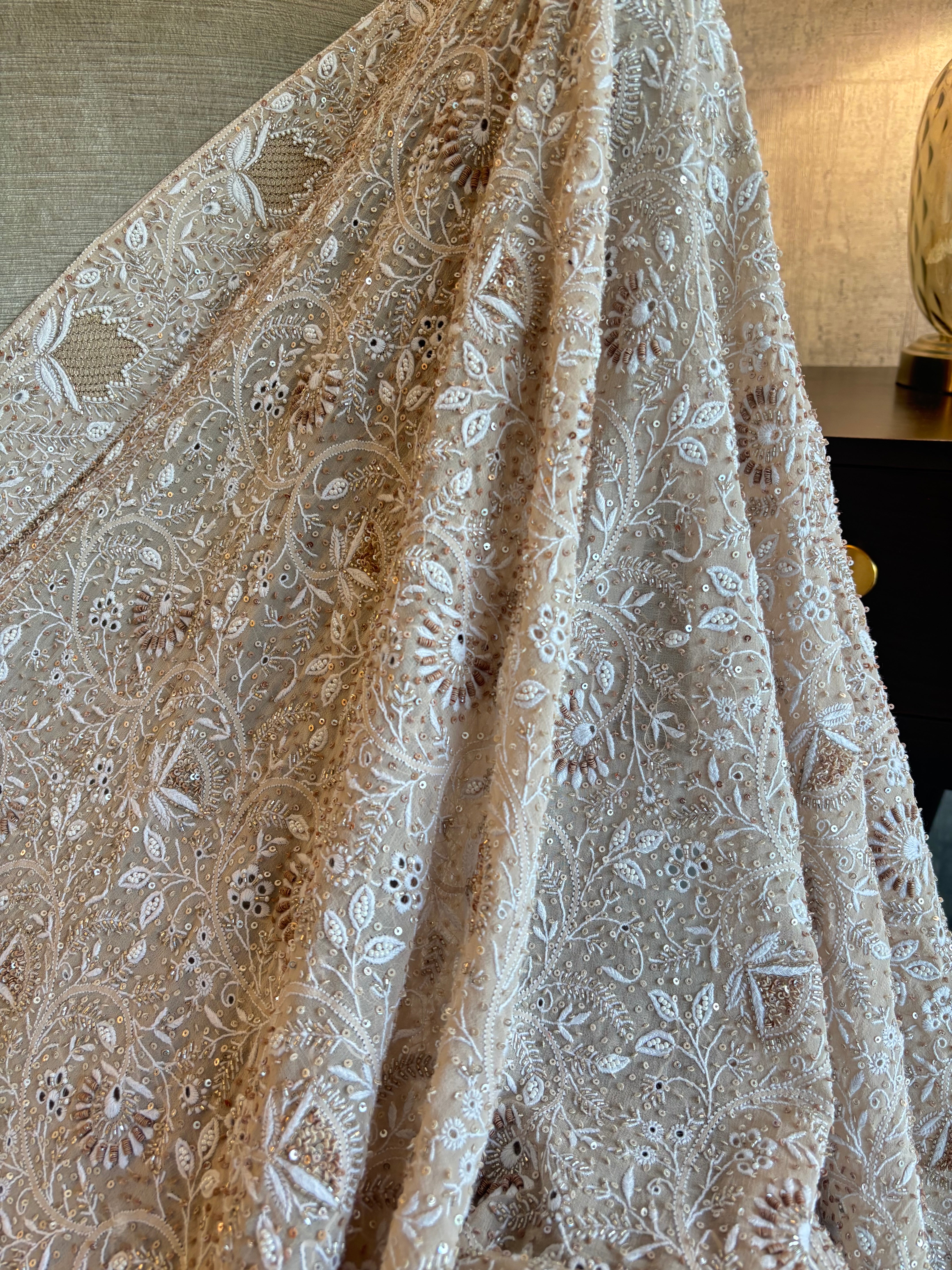 Almond Frost Pure And Premium Georgette Chikankari Saree And Blouse