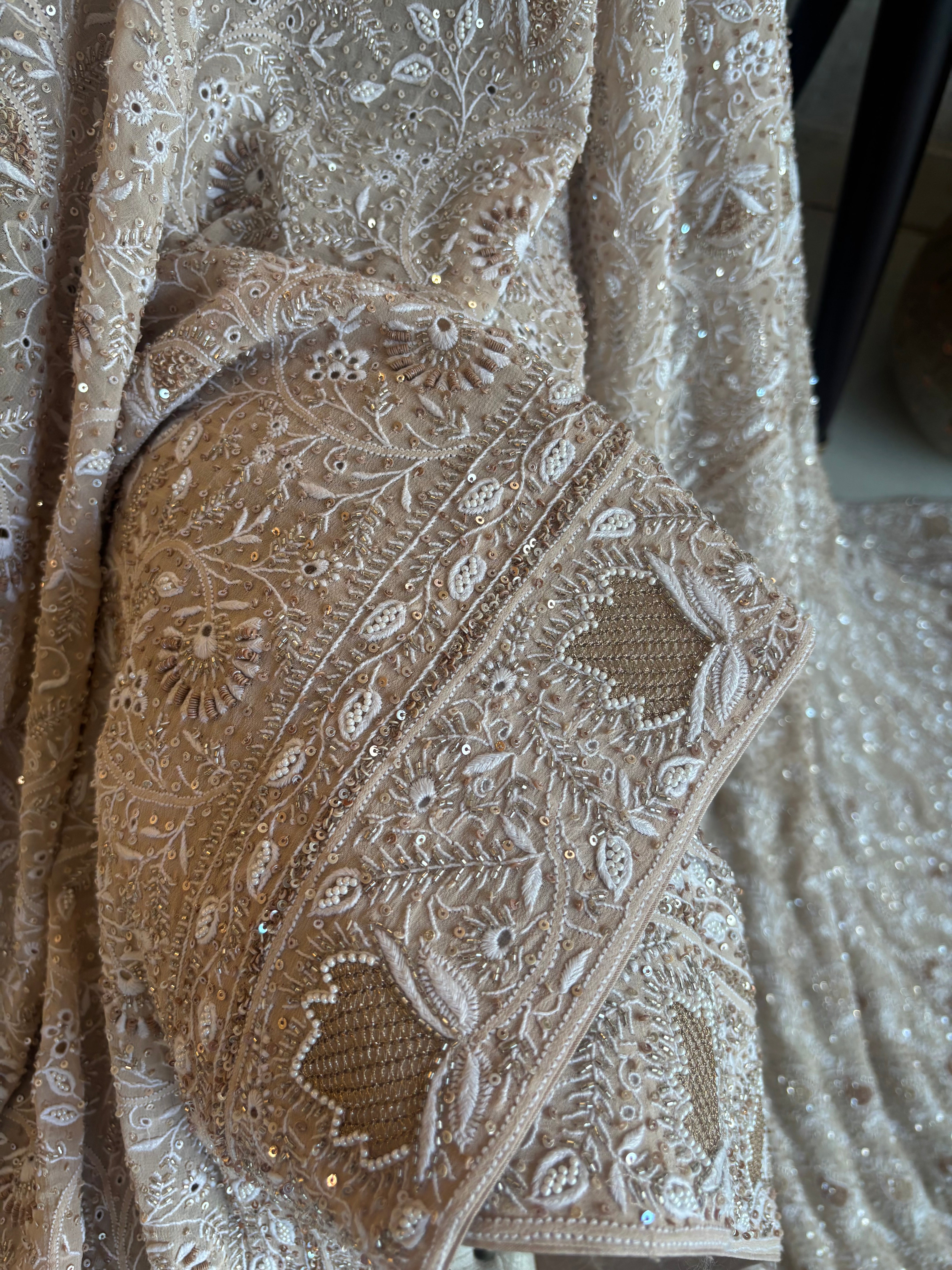 Almond Frost Pure And Premium Georgette Chikankari Saree And Blouse