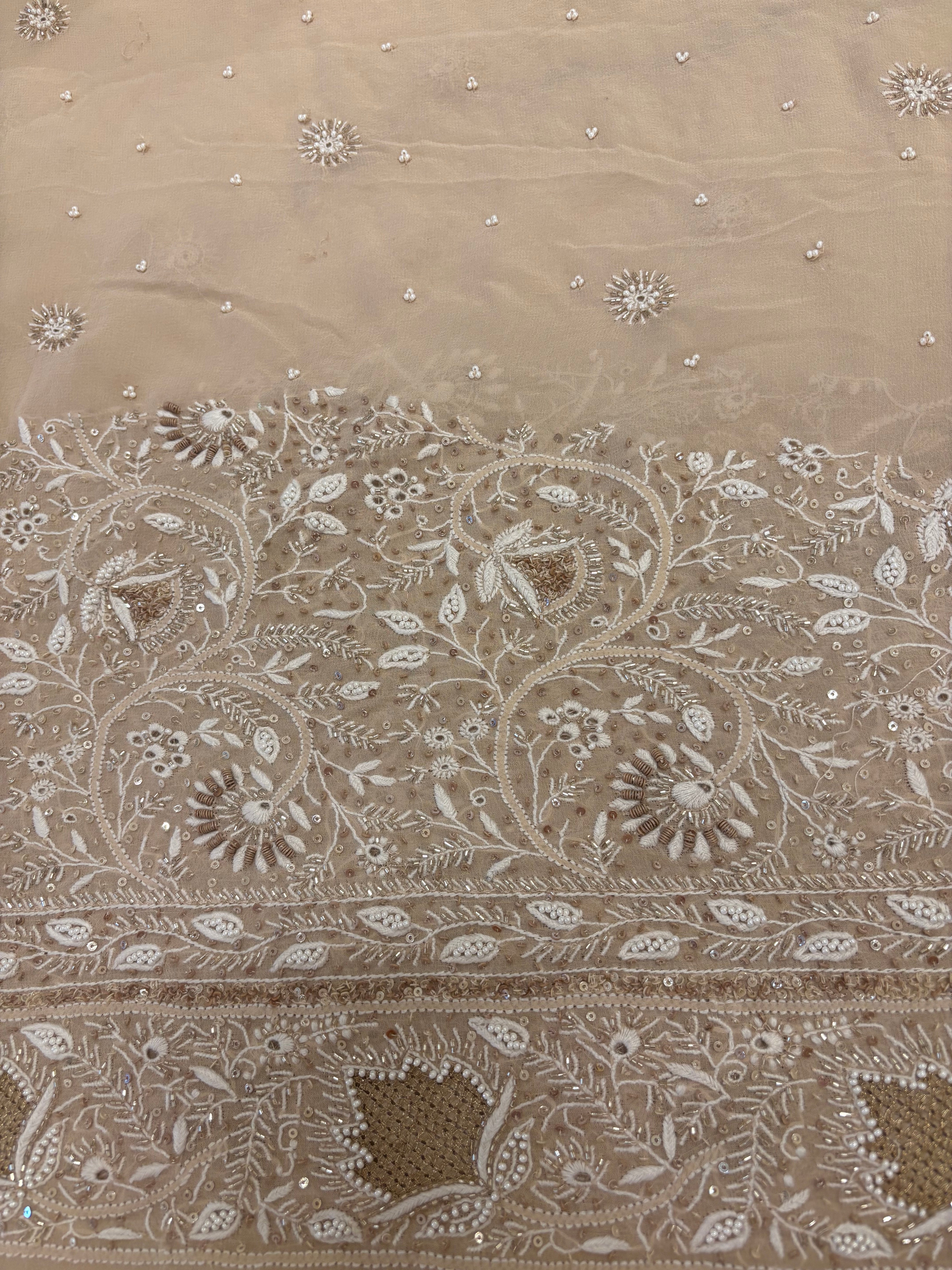 Almond Frost Pure And Premium Georgette Chikankari Saree And Blouse