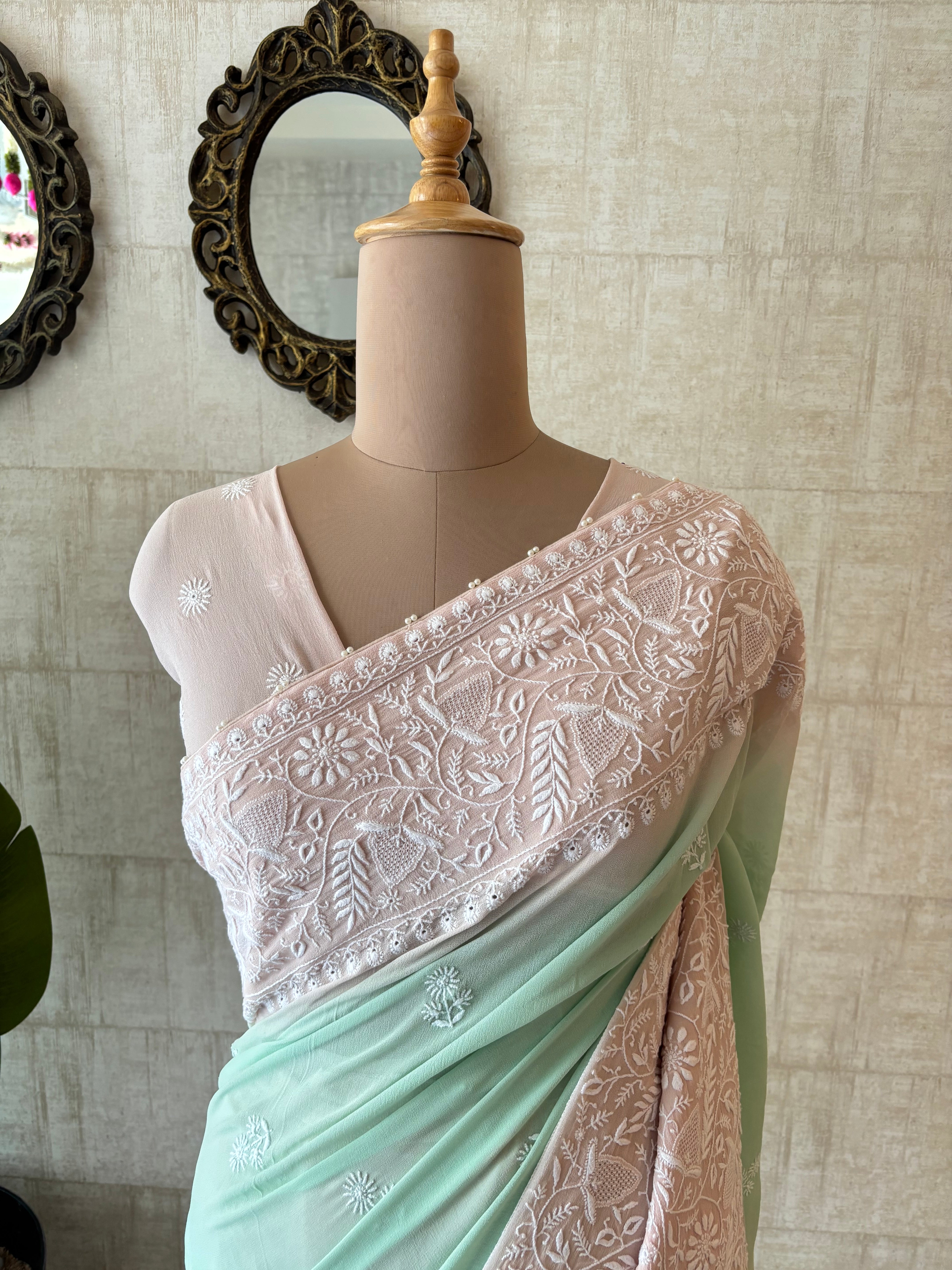 Pink & Green Pure & Premium Georgette Chikankari Saree & Blouse
