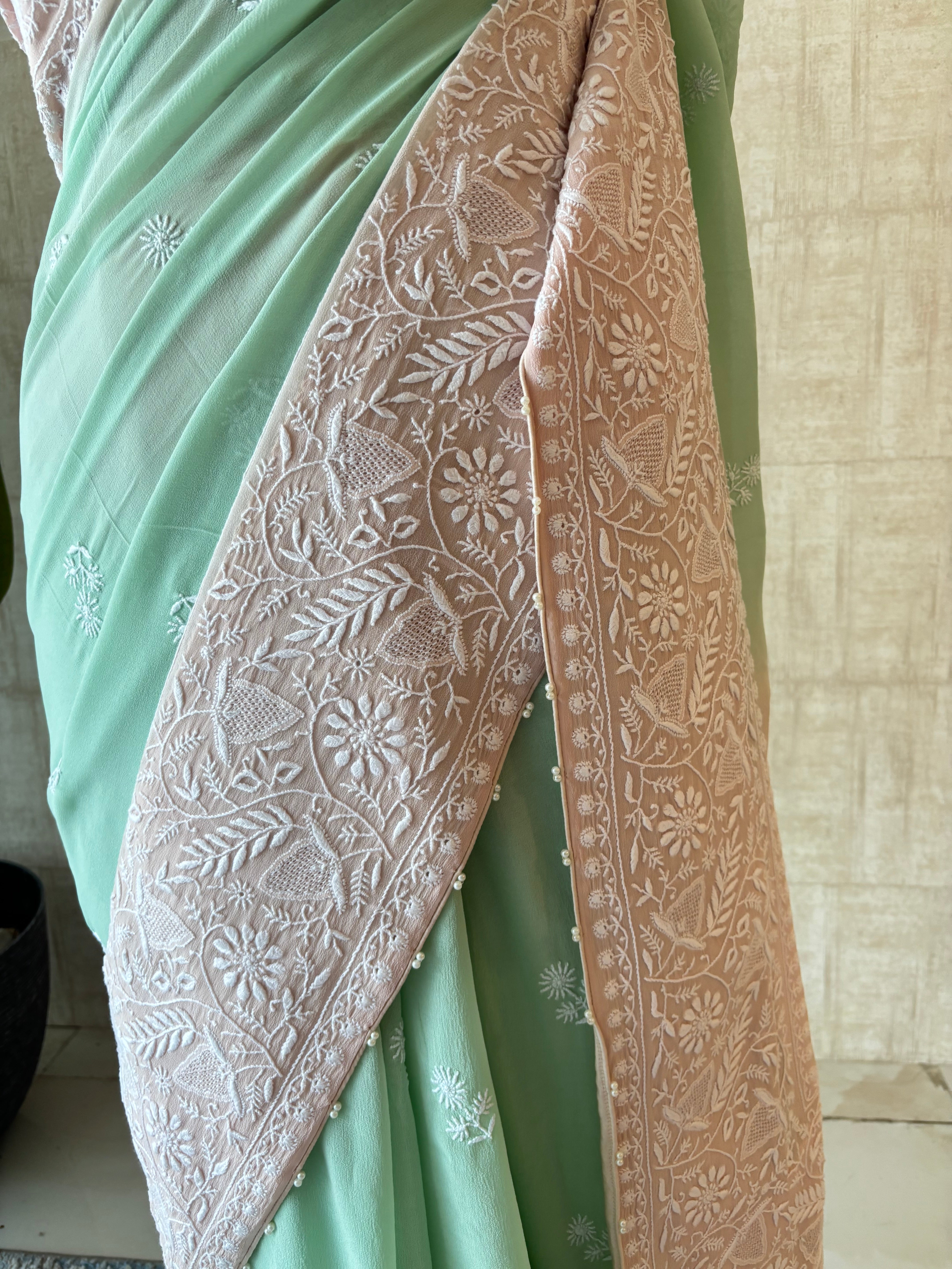 Pink & Green Pure & Premium Georgette Chikankari Saree & Blouse